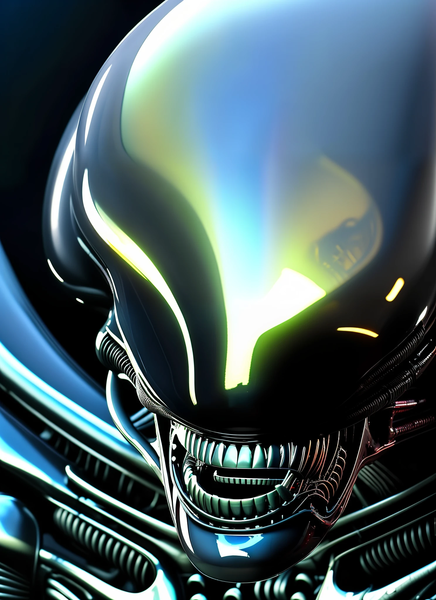 An 8K close-up photo of bigbadejo alien_monster in the shadowy hallway of a (dark:1.5) industrial futuristic spaceship, aged sci-fi elements, (retro sci-fi consoles and display panels with lights), volumetric lighting, depth of field, ray tracing, subsurface scattering, dynamic pose