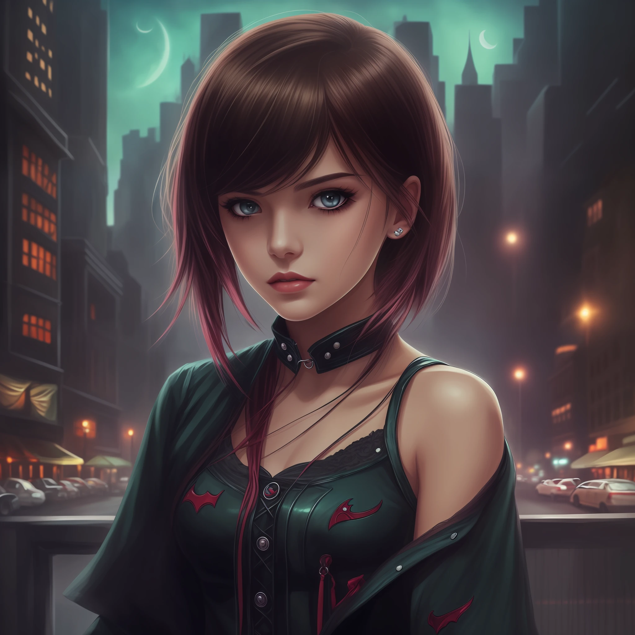 Girl,brown eyes, vampire, short brown hair with bangs, semi realism, dark city background --auto --s2