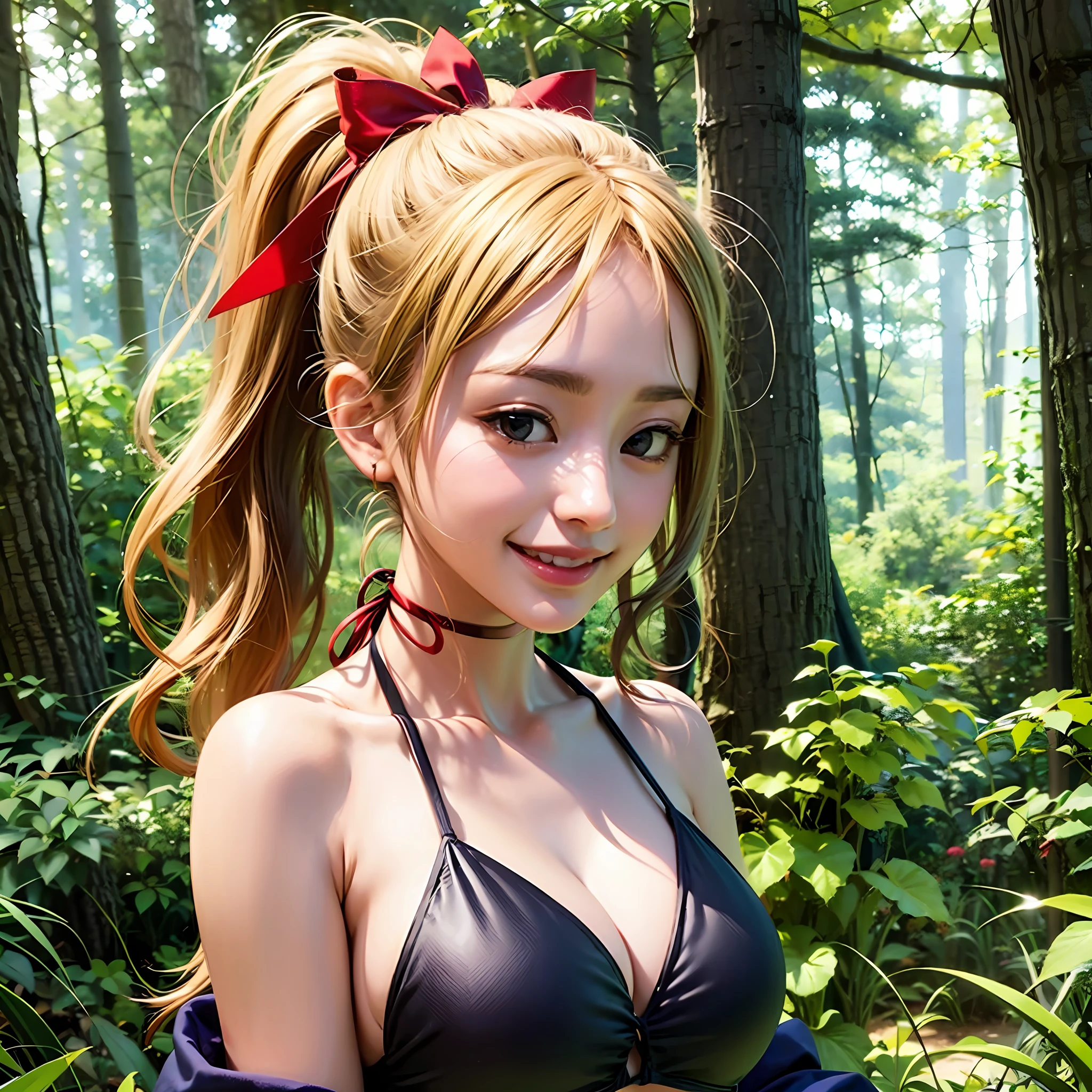 blonde girl, bikini, gravure, forest, ponytail, smile, red ribbon