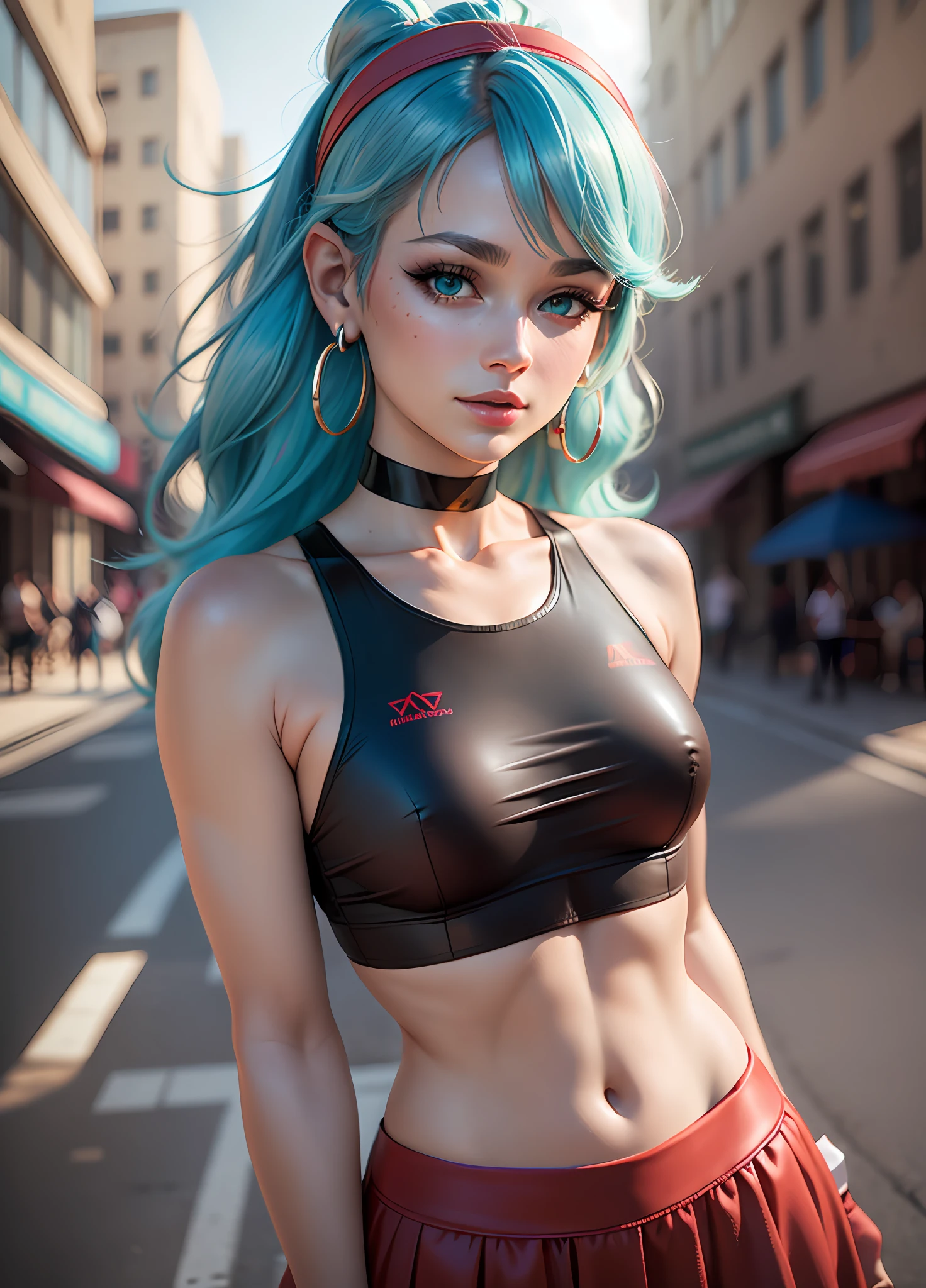 masterpiece, best quality, highest quality, photorealistic, perfect anatomy, perfect face, perfect eyes,
aqua hair, brabulladbgt, red hairband, red gloves, red crop top,  blue eyes, skirt, hoop earrings, choker, 1girl, outdoors, sexy pose