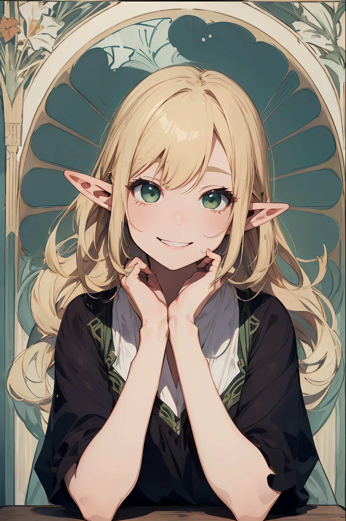 ((Elf woman)), ((Glossy blonde long straight)), ((White blouse)), Green eyes, tilting her head, smiling, ((hands up)), ((Elbows on table)), ((face palm)), ((Art Nouveau background)), upper bod