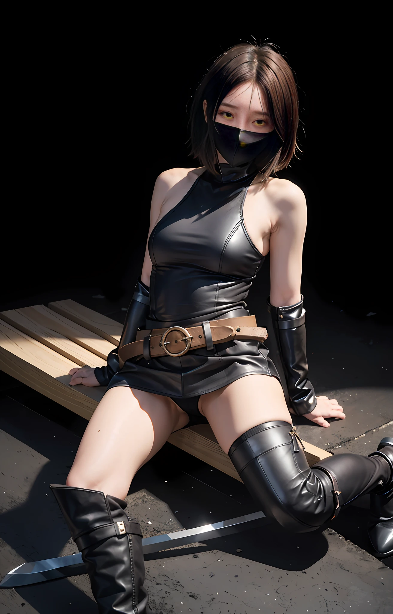Official art, extremely detailed CG Unity 8k wallpaper, best quality, masterpiece, high resolution, beautiful girl ninja, short hair, black crop top leather armor, brown belt, scabbard on thigh, Japanese sword, leather armor, leather gloves, black minileather skirt, black over-the-knee flat boots, tight leather suit, leather texture, black mask, full body photo, melon face, small face, fell to the ground, leaking out of the bottom of the skirt