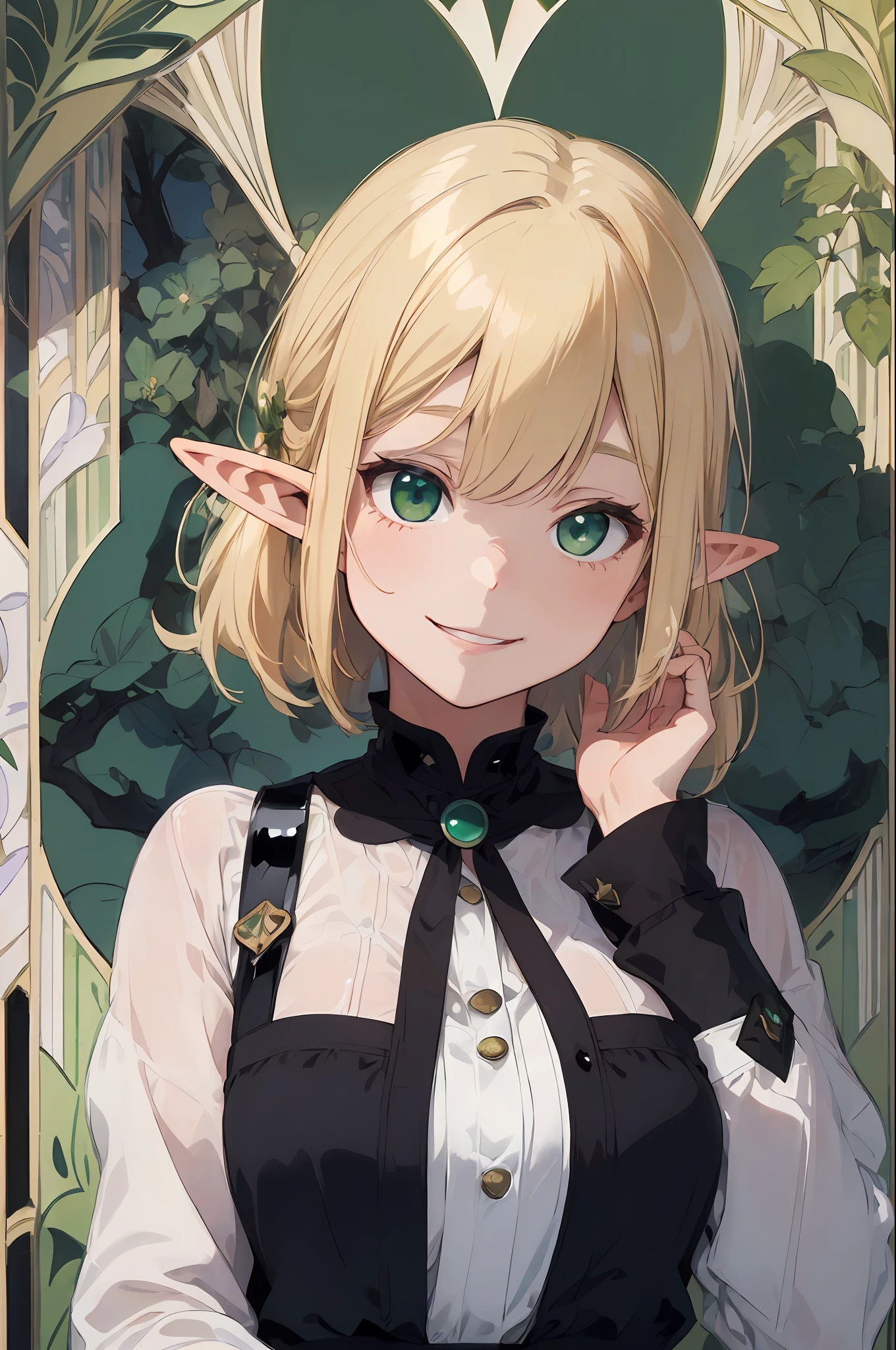 ((Elf woman)), ((Glossy blonde long straight)), ((White blouse)), Green eyes, tilting her head, smiling, ((hands up)), ((Elbows on table)), ((face palm)), ((Art Nouveau background)), upper bod