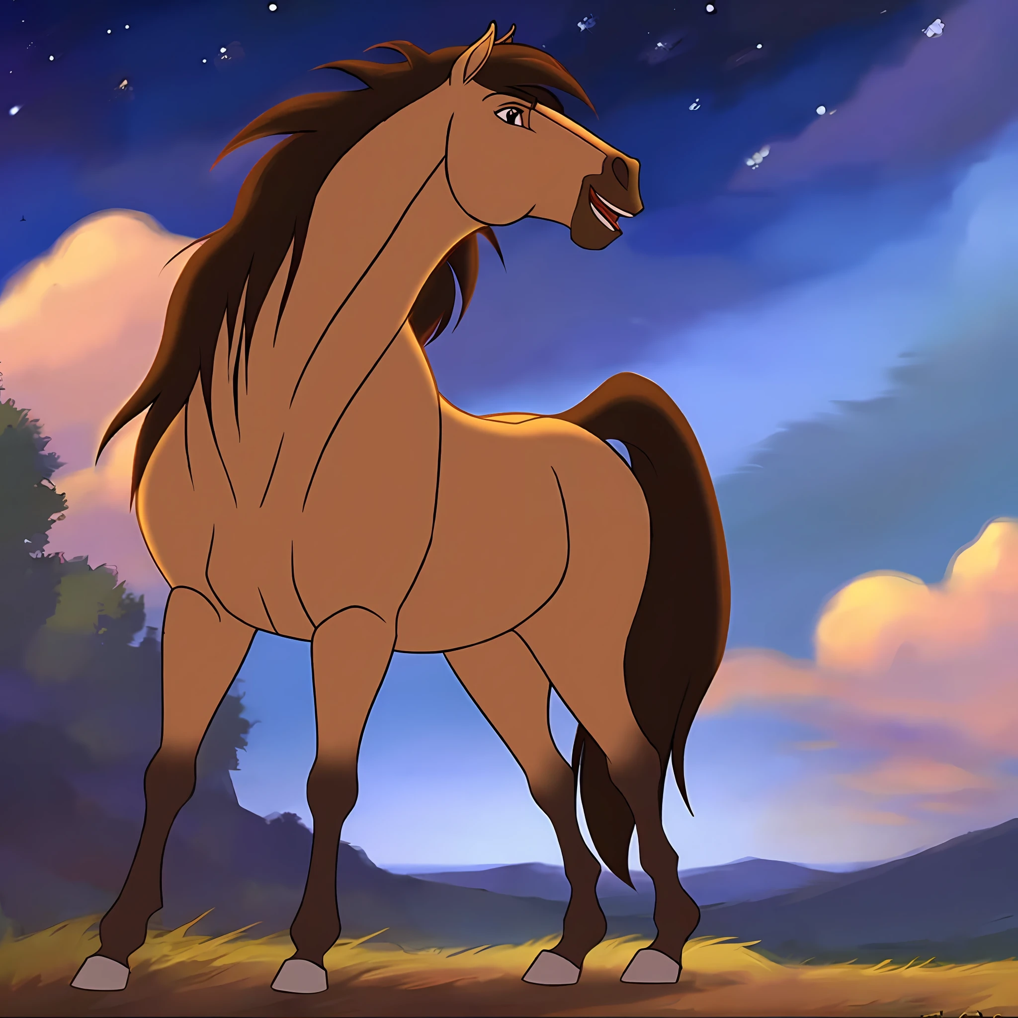 Spirit2002, horse standing on the sprinkling of the big moon, starry sky, clouds, blue mountains, horse looking at the sky, one head, four legs, beautiful mane, beauty, animation, cartoon