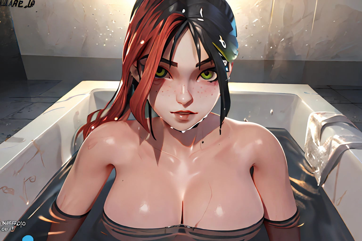 ((Best quality, 8k, Masterpiece :1.3)), 1girl, korean, Pretty woman with emphasizing feminine abs :1.3, Huge breasts :1.2, (Bathtub, Wet outfit :1.1), Ultra-detailed face, Highly detailed lips, Detailed eyes, Double eyelid