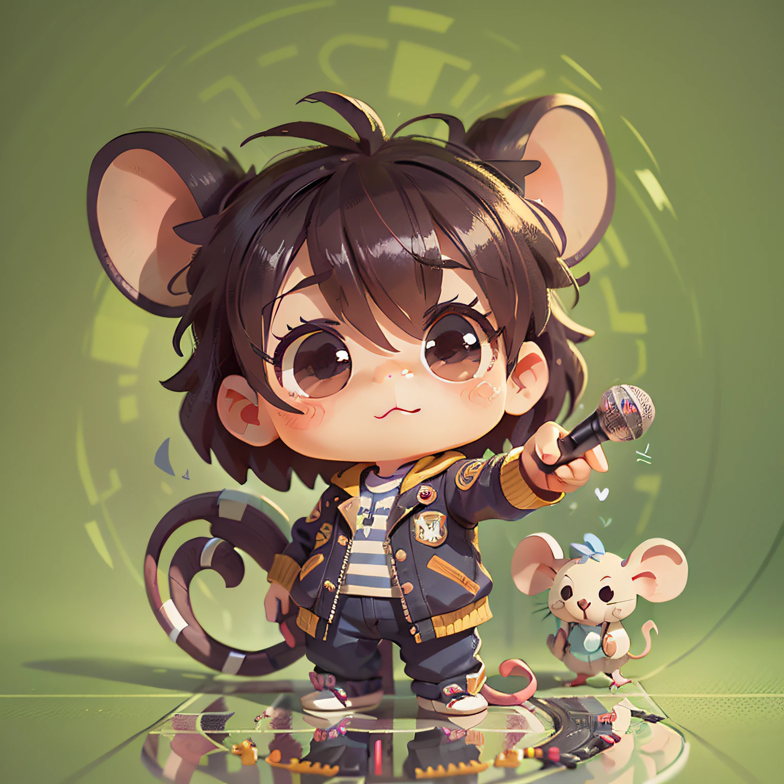 cute, chibi, mice, PFP, bigbadejo, portrait, masterpiece, 3D Rendering, Best Quality, Lots of Detail, (plain background), (vinyl toy figurine), (perfect hands), (full body), male, elivis presley, action pose, holding a microphone