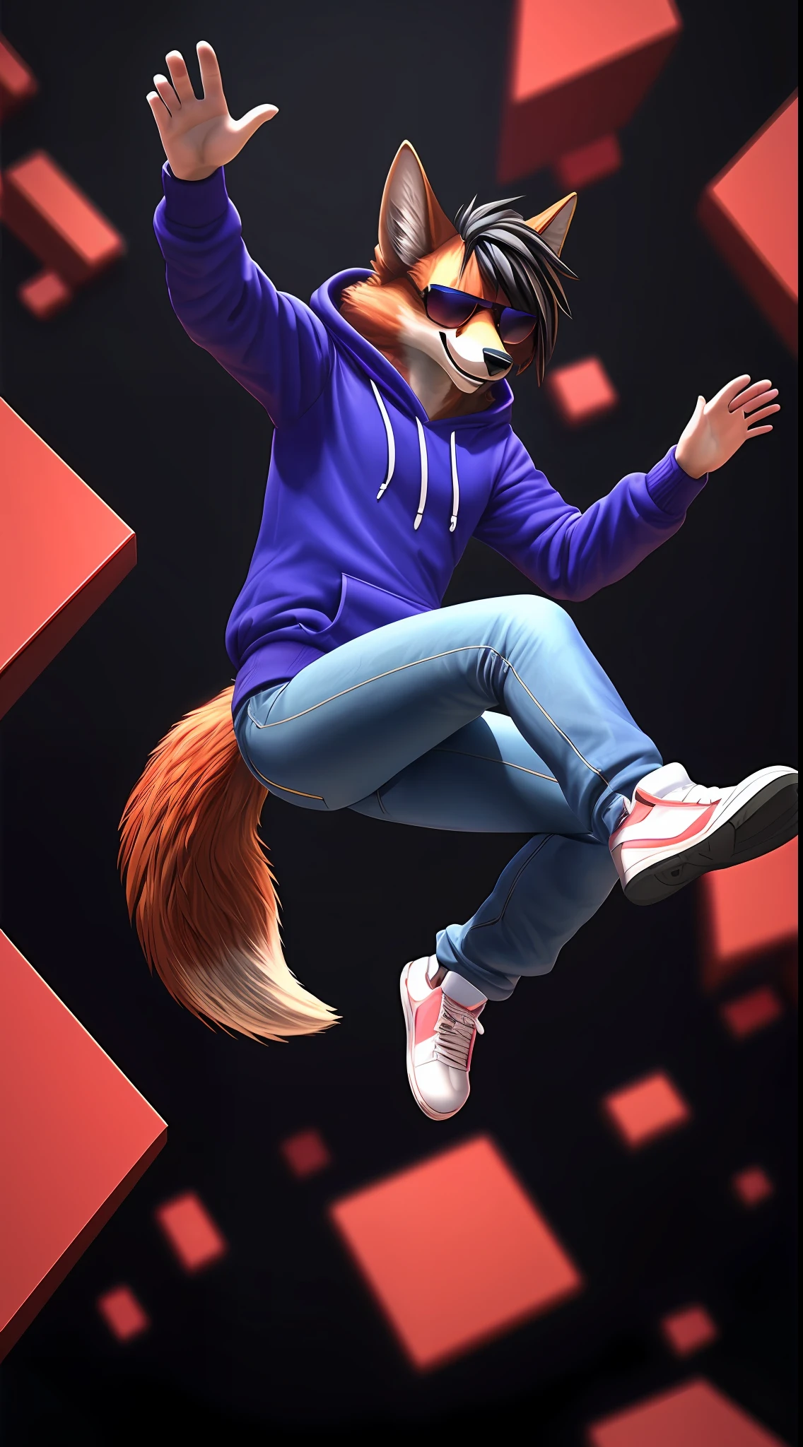 masterpiece, red furred wolf with black hair and wearing a hooded sweatshirt and jeans pants, sunglasses, solo, no group, not double, smiling, no logo mark, no extra limbs, black background, background with software code floating, 3d, programming, falling in the air