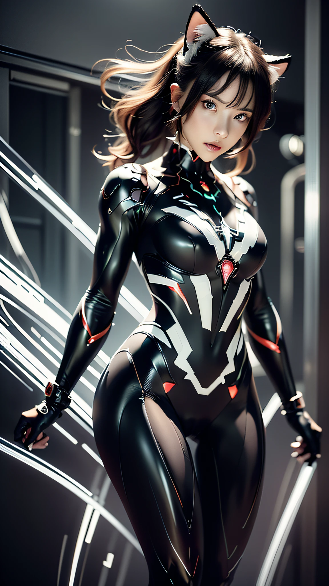 Beautiful full body photo of Reika as a kitten Nekomata, red armor, straight black hair, cat ears, science fiction, meka armor in the background, gantz, In the style of evangelion, ultra realistic photo face of a beautiful woman, masterpiece, best quality, CG, wallpaper, HDR, high quality, high definition, extremely detailed, {beautiful detailed face},  {beautiful detailed eyes}, (detailed light) {{intricate detail}}, {highres}, ((detailed face)), extremely detailed face, beautiful face, {{ young}}, jewel-like eyes, neon light, chiaroscuro, anime style, key look, intricate detail, highly detailed, breathtaking, vibrant, Evangelion style