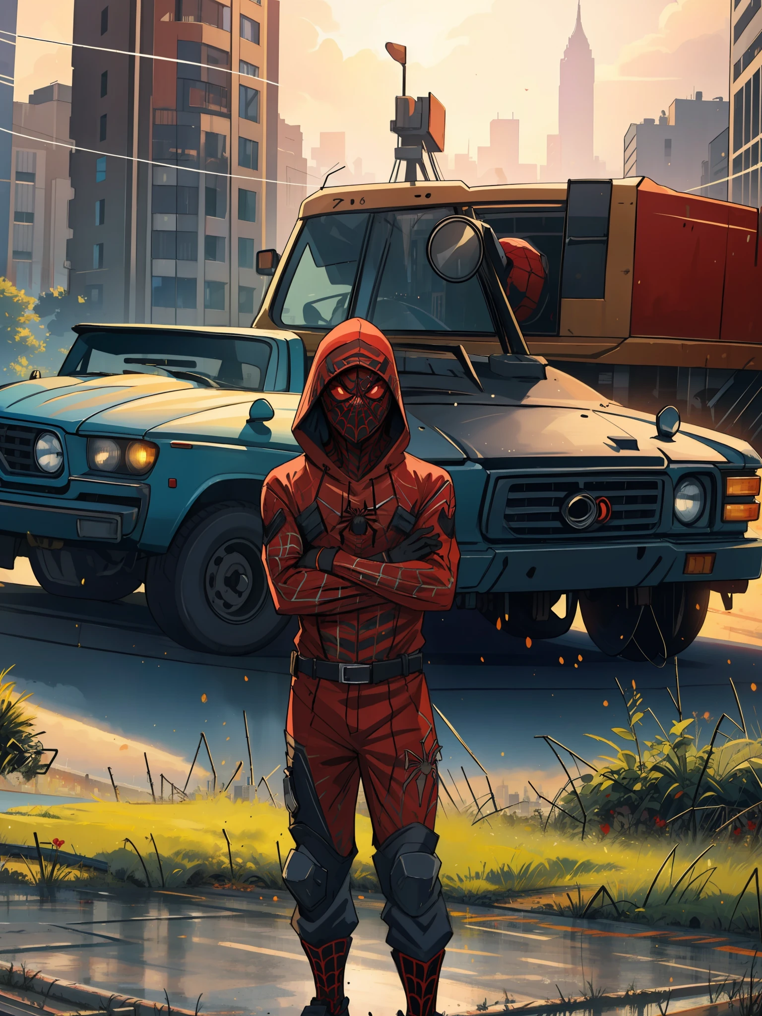 (masterpiece, best quality), intricate details, 8k, artstation, wallpaper, official art, splash art, sharp focus, red eyes, hood, brown skin
spider suit, spider web printing, spider web,
skyscrapers, city, buildings, cars, street, focus on boy