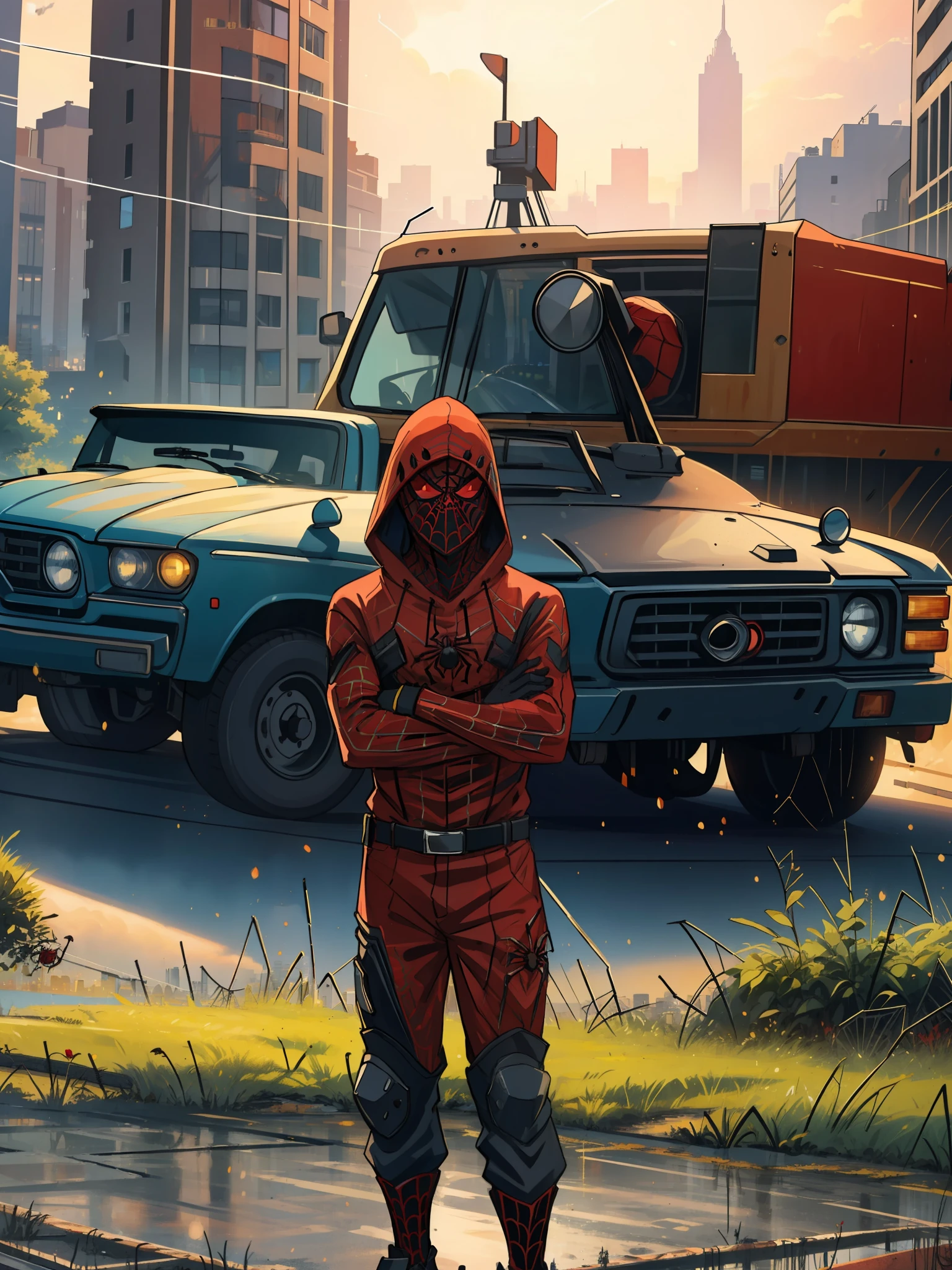 (masterpiece, best quality), intricate details, 8k, artstation, wallpaper, official art, splash art, sharp focus, red eyes, hood, brown skin
spider suit, spider web printing, spider web,
skyscrapers, city, buildings, cars, street, focus on boy