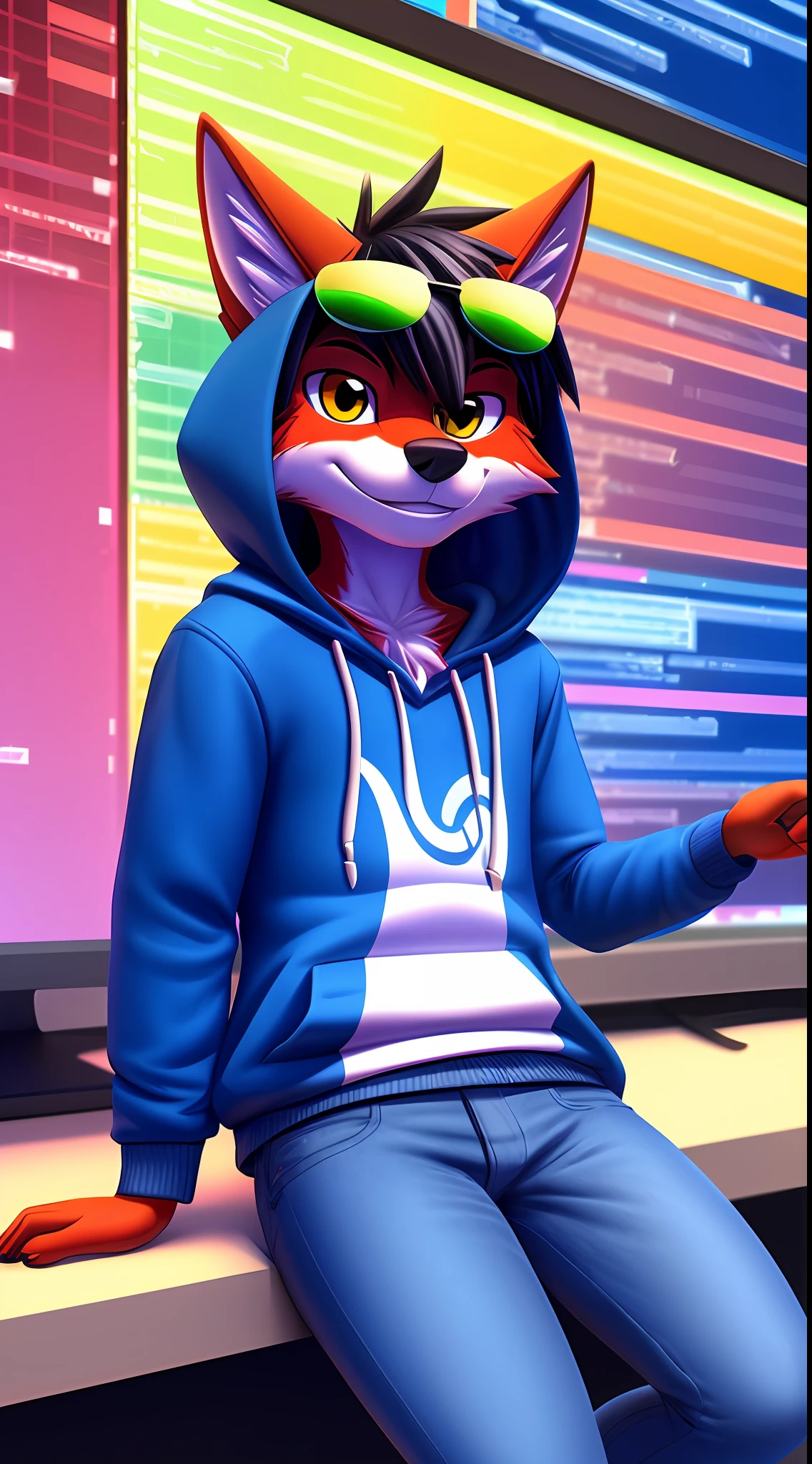 masterpiece, red furred male wolf with black hair and wearing a hooded sweatshirt and jeans pants, sunglasses, solo, no group, not double, smiling, no logo mark, no extra limbs, coding background, 3d, programming, in cartoon style