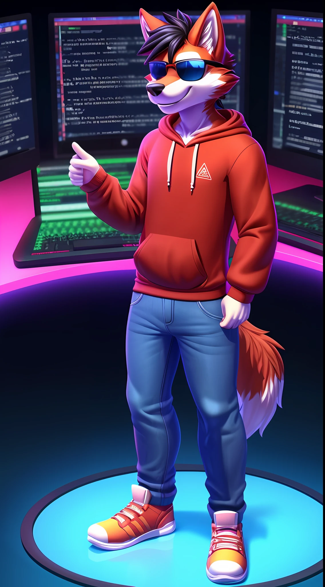 masterpiece, red furred male wolf with black hair and wearing a hooded sweatshirt and jeans pants, sunglasses, solo, no group, not double, smiling, no logo mark, no extra limbs, coding background, 3d, programming, in cartoon style