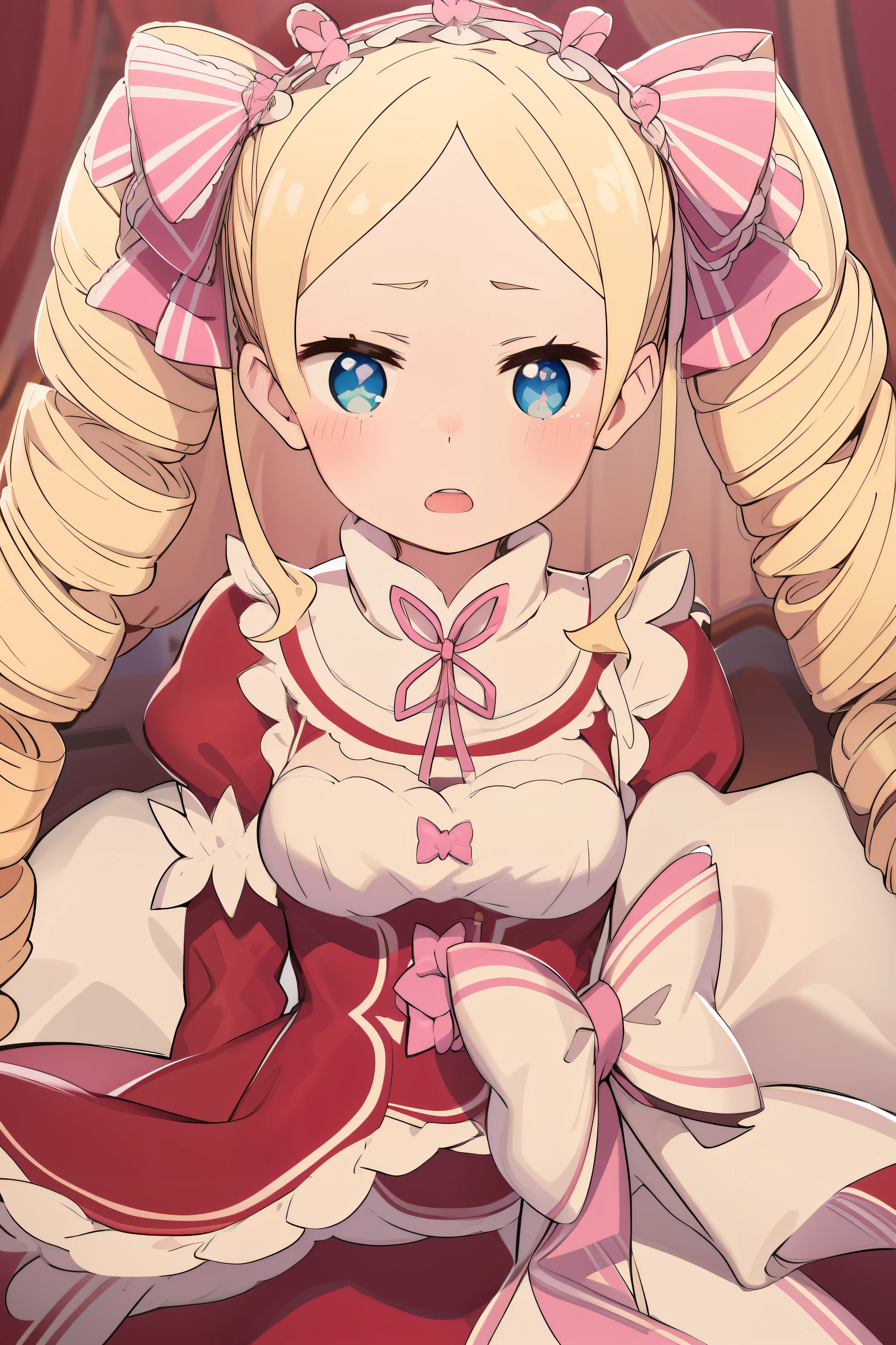 masterpice, detailed, absurdres, highres, apron, black ribbon, blue eyes, blush, bow, hair ornament, hair ribbon, maid, maid's headdress, open mouth, pink bow, pov, ribbon, clothes trimmed with ribbon, ribbon trim, roswaal maid's uniform mansion, short hair, waist apron, white background