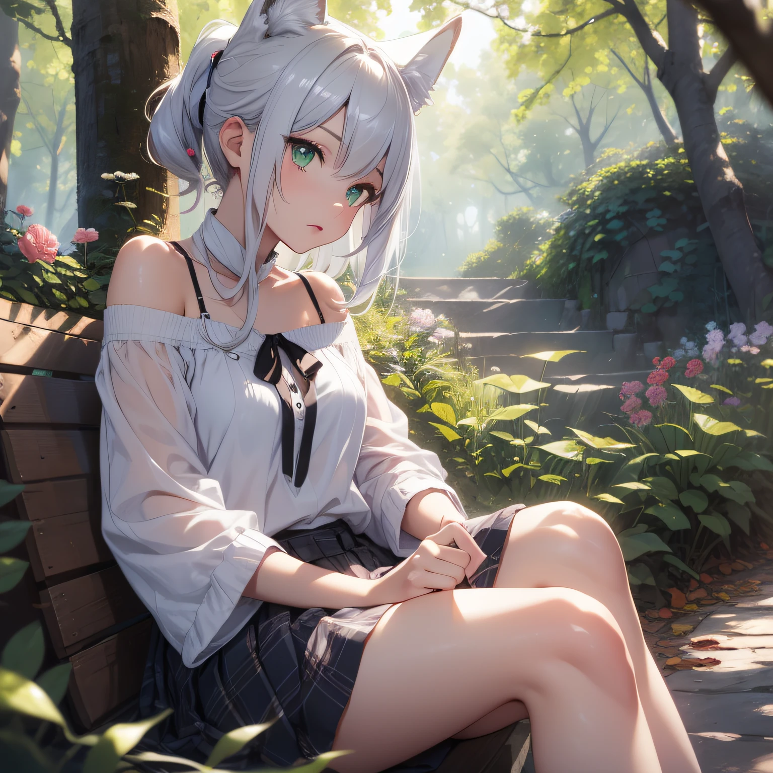 Girl, Seating, Side Shot, (Sky:1.6), Flower, (Masterpiece, Best Quality, Perspective, Depth of Field:1.5), Beautiful Face, Thighs, From Below, 8K, Raw Photography, Absurdity, Forest, Impressionism, Tom Thomson, Claude Monet, Joaquin Sorolla, James Wilson Morris, Jon Fabian Aluson, Hugh Henry Breckenridge, HDR, Photorealistic, Film Grain, Chromatic Aberration, High Resolution, Ultra Detail, Fine Detail, Dynamic Lighting, Dramatic Lighting, Shadows, Sharp Focus, Highly Detailed Eyes and Face, Sharp Pupils, Realistic Pupils, (One Fox Tail)), Beautiful Girl, Disheveled Silver Hair, Short Hair, Ponytail, Beautiful Green Eyes, Fox Ears, Red Check Ribbon, Big, (( white off-shoulder blouse)), pleated miniskirt,