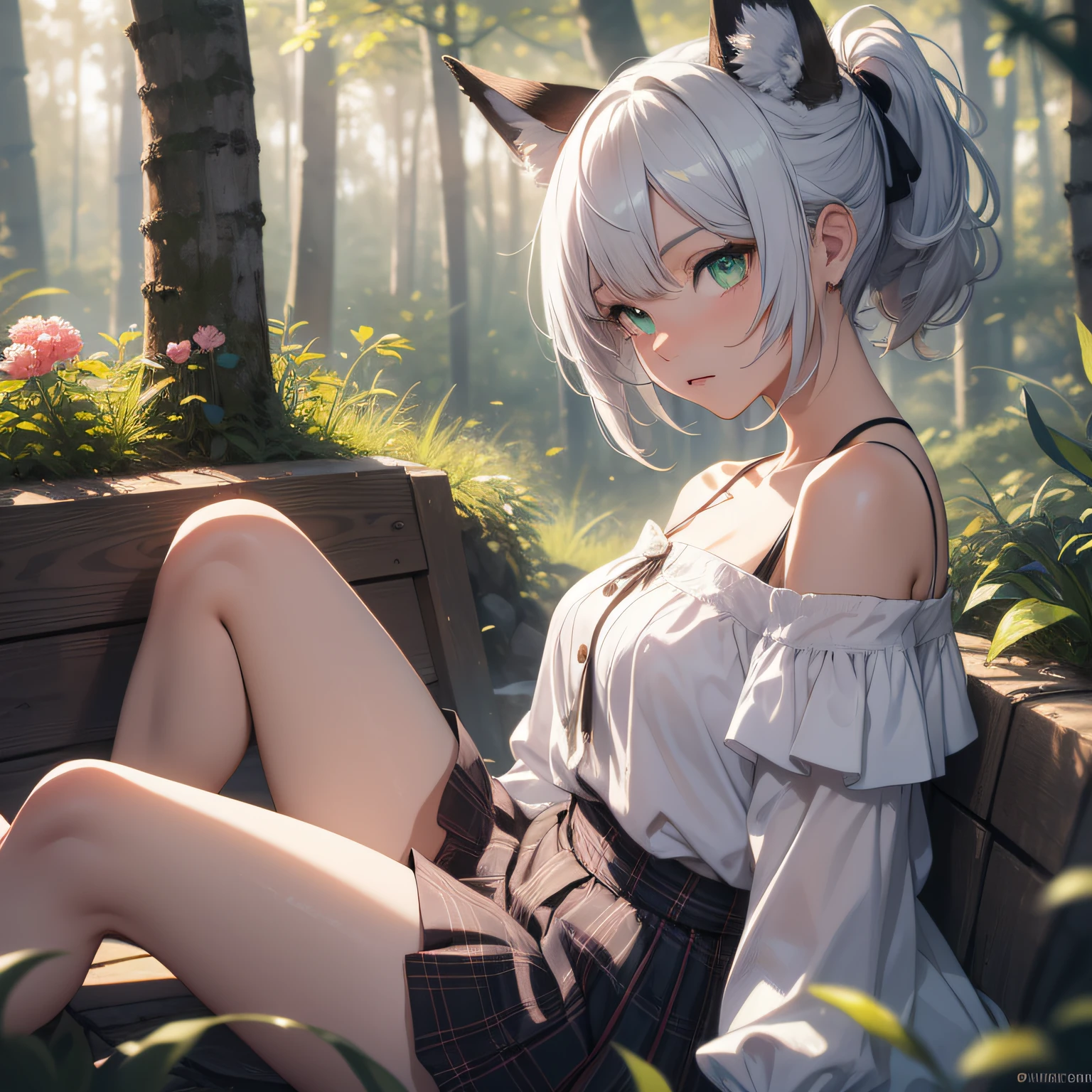 Girl, Seating, Side Shot, (Sky:1.6), Flower, (Masterpiece, Best Quality, Perspective, Depth of Field:1.5), Beautiful Face, Thighs, From Below, 8K, Raw Photography, Absurdity, Forest, Impressionism, Tom Thomson, Claude Monet, Joaquin Sorolla, James Wilson Morris, Jon Fabian Aluson, Hugh Henry Breckenridge, HDR, Photorealistic, Film Grain, Chromatic Aberration, High Resolution, Ultra Detail, Fine Detail, Dynamic Lighting, Dramatic Lighting, Shadows, Sharp Focus, Highly Detailed Eyes and Face, Sharp Pupils, Realistic Pupils, (One Fox Tail)), Beautiful Girl, Disheveled Silver Hair, Short Hair, Ponytail, Beautiful Green Eyes, Fox Ears, Red Check Ribbon, Big, (( white off-shoulder blouse)), pleated miniskirt,