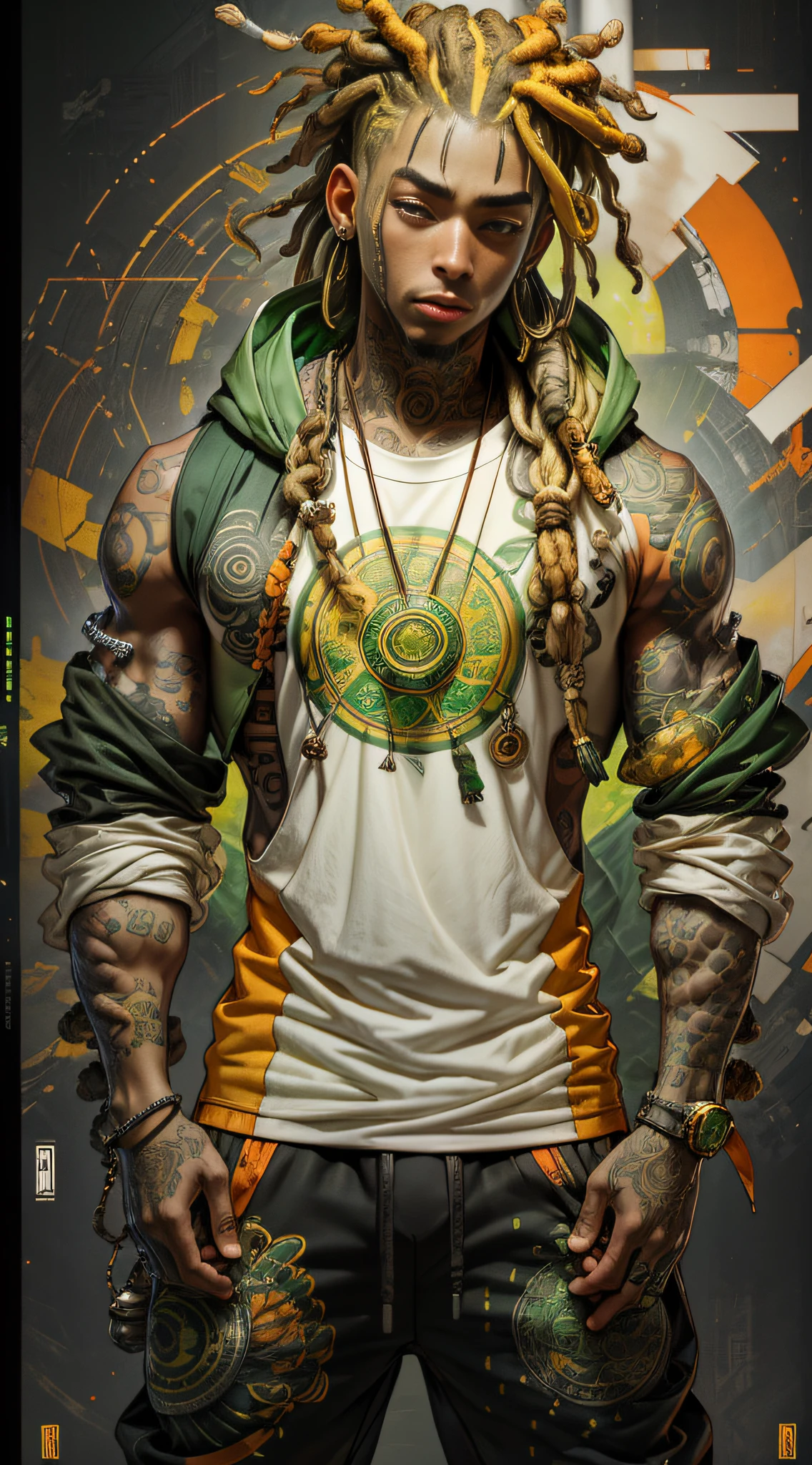 green:1.5, orange:1.1, white:1.3, yellow:1.3, (rapper with dread hair),tattoos, (power puffer clothes:1.2),abstract lines and circles background