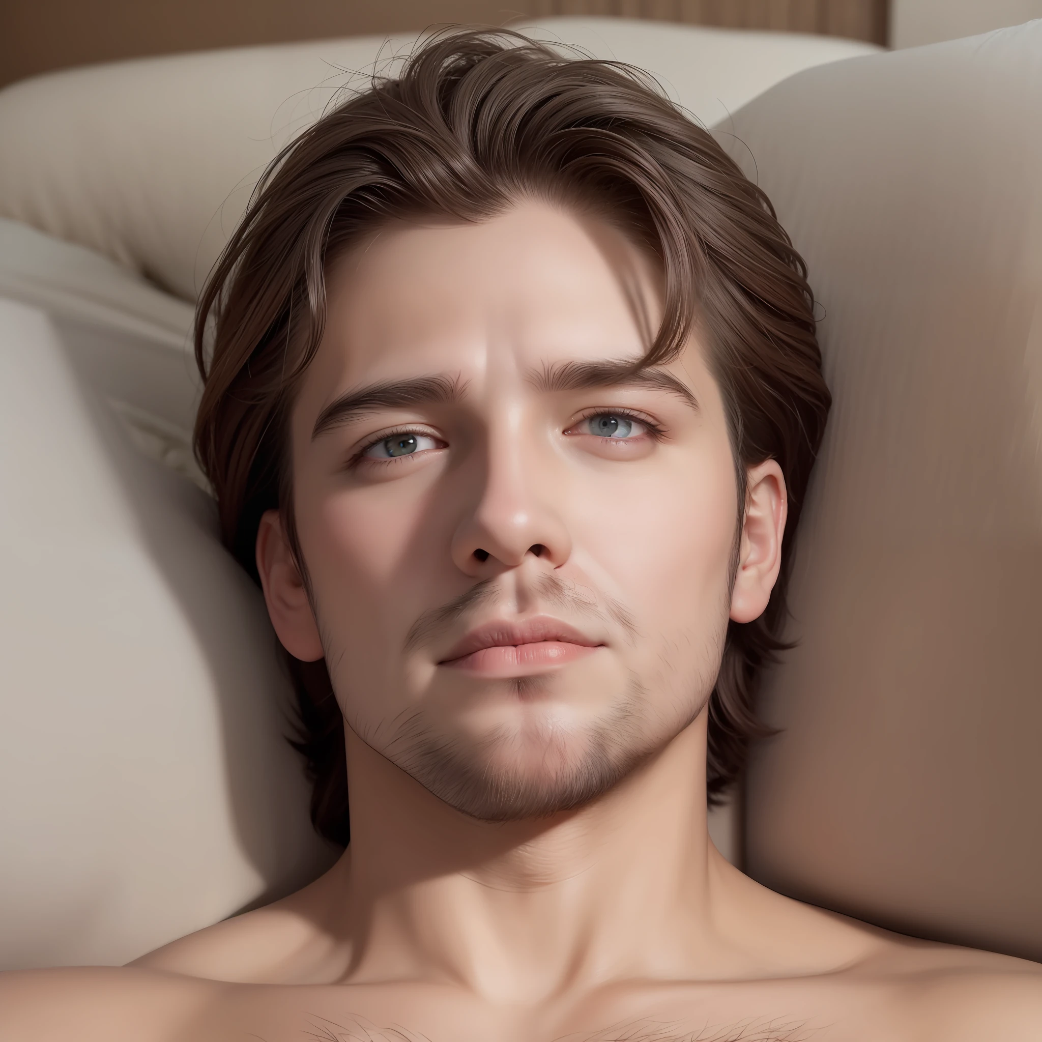 (Man) lying on the bed staring at the ceiling. Sad face. Photorealistic style, hyperdetailed, high quality, 8k