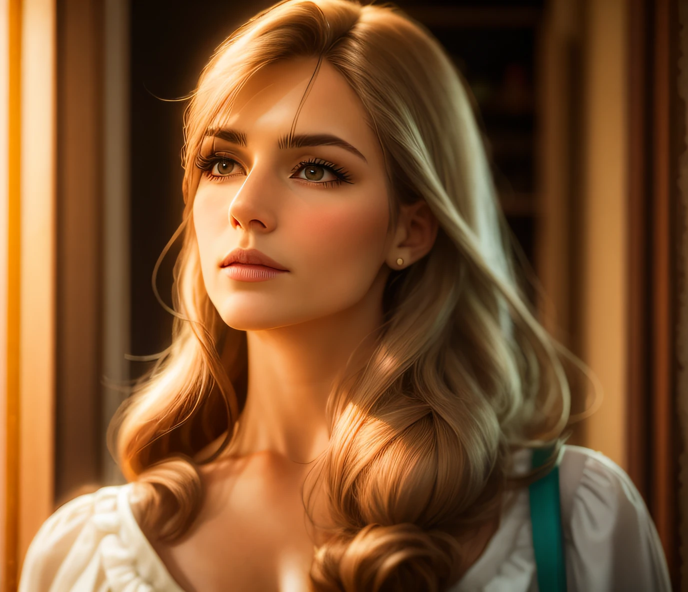 A woman with long hair and a gray blouse looks to the side,