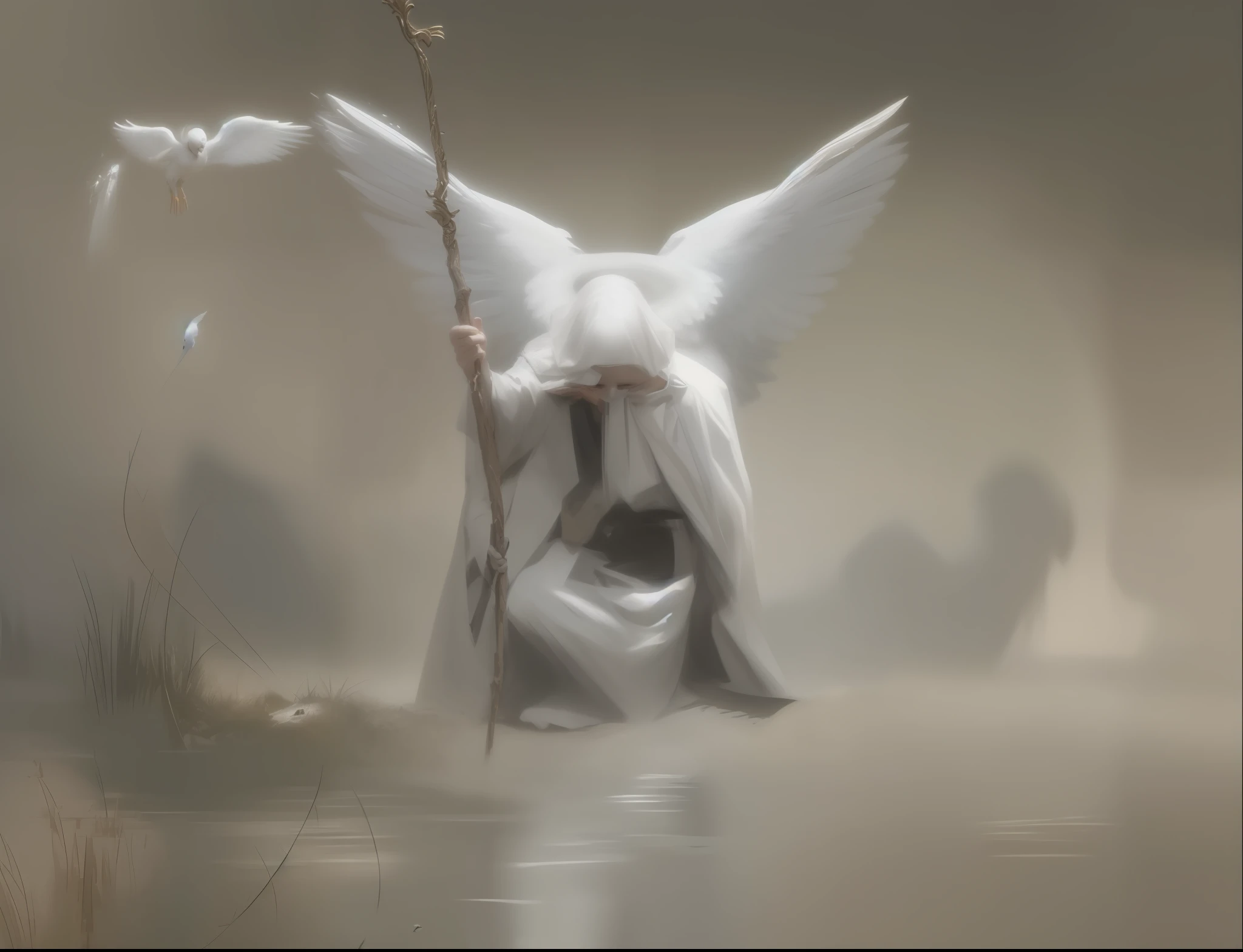 painting of a man with a white robe and a white robe holding a stick and a bird, guardian of the sacred lake, angel of death, angel of death, precise biblical angel, angelic, angelic, archangel, angel, angel spirit guide, angels are weeping, angel sitting on a rock, an angel, angel of the old testament, cute angel, an angel, cinematic filmed epic portraits, highly detailed VFX portrait, 4K color photography portrait, 8K artistic portrait photography, 4K asymmetric portrait, highly detailed VFX portrait, 4K portrait, 8K soft portrait shot, cinematic realistic portrait, 4K symmetrical portrait, 4K symmetrical portrait