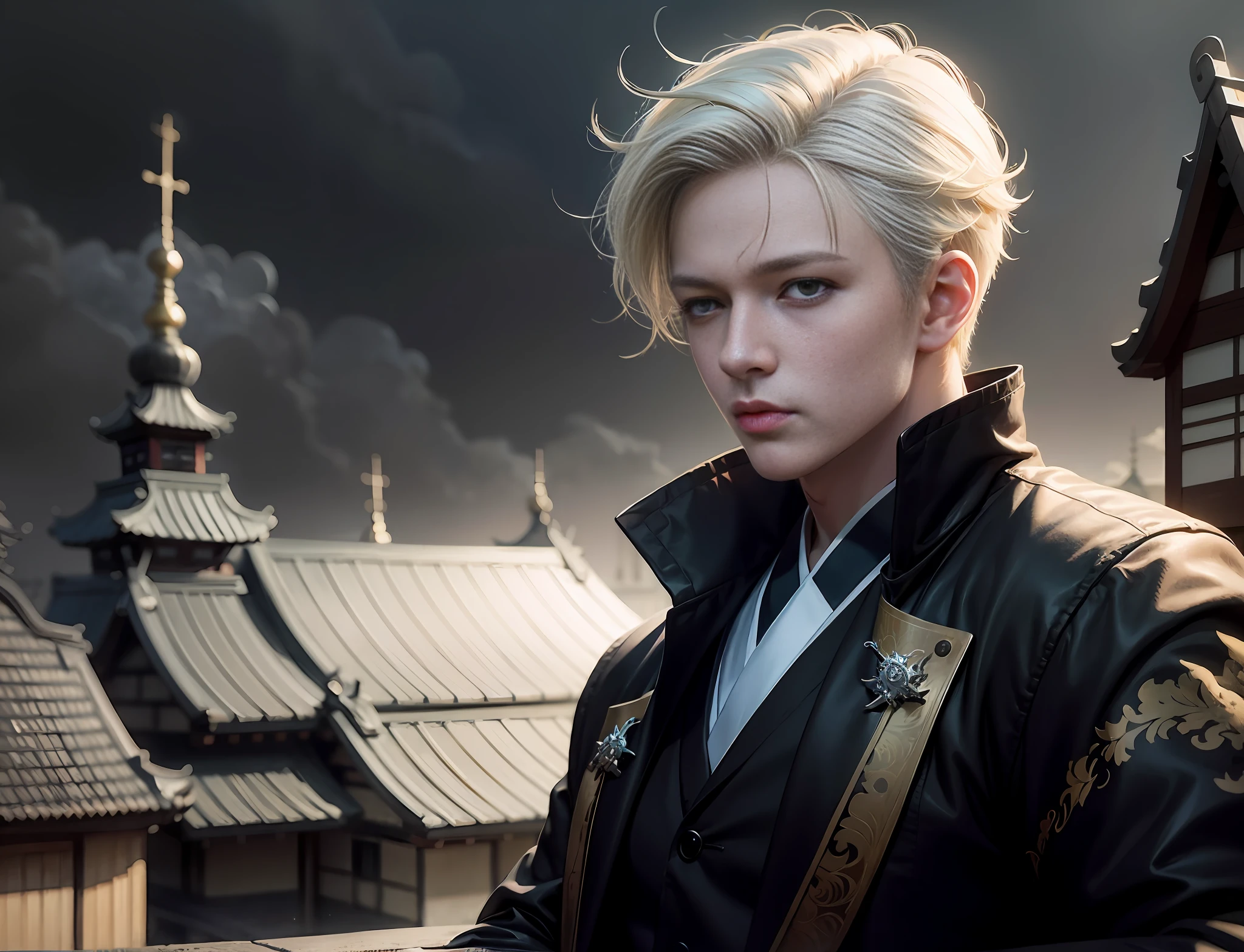 blonde-haired man in white jacket standing in front of a building, thancred waters in wlop style, chengwei pan in artstation, trendin in artstation, guweiz style art, ross tran 8 k, cute guy in demon slayer art, wlop and ross tran, fanart best artstation, inspired by yanjun cheng