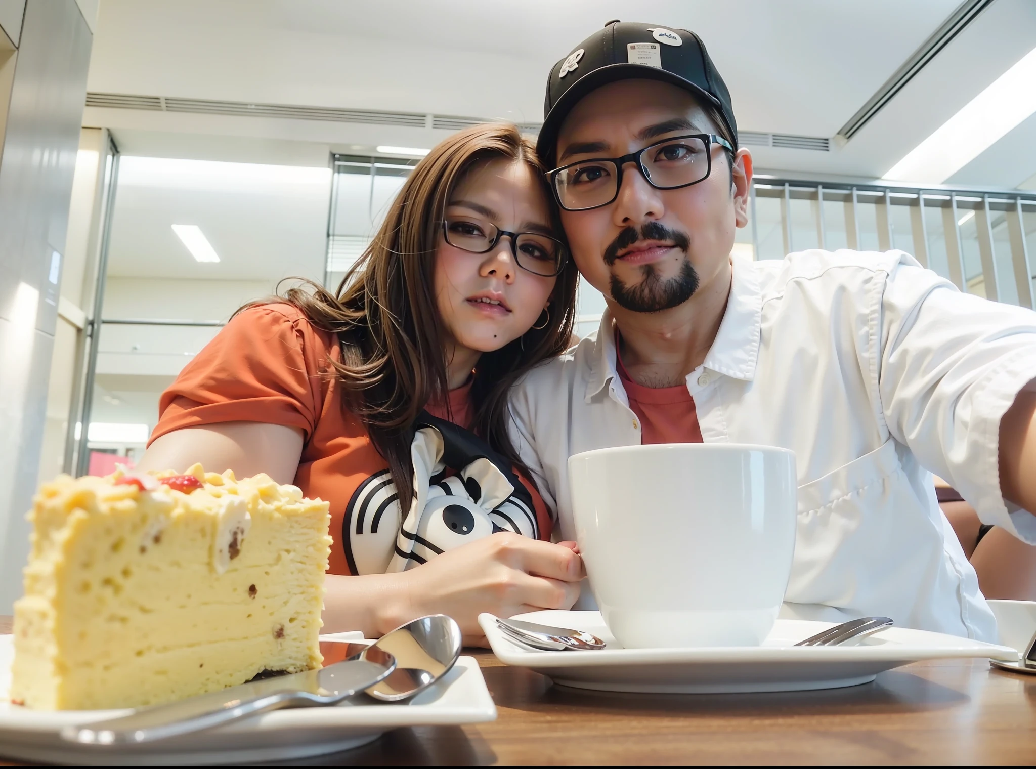 They are sitting at a table with a piece of cake and a cup of coffee, taken with Sony Alpha 9, photo taken at 2 0 2 0, sitting in a café, photo taken with Sony A7R camera, at a classic dinner 5 0 S, holiday photo, mom and dad, photo taken with Nikon D 7 5 0 realistic anime