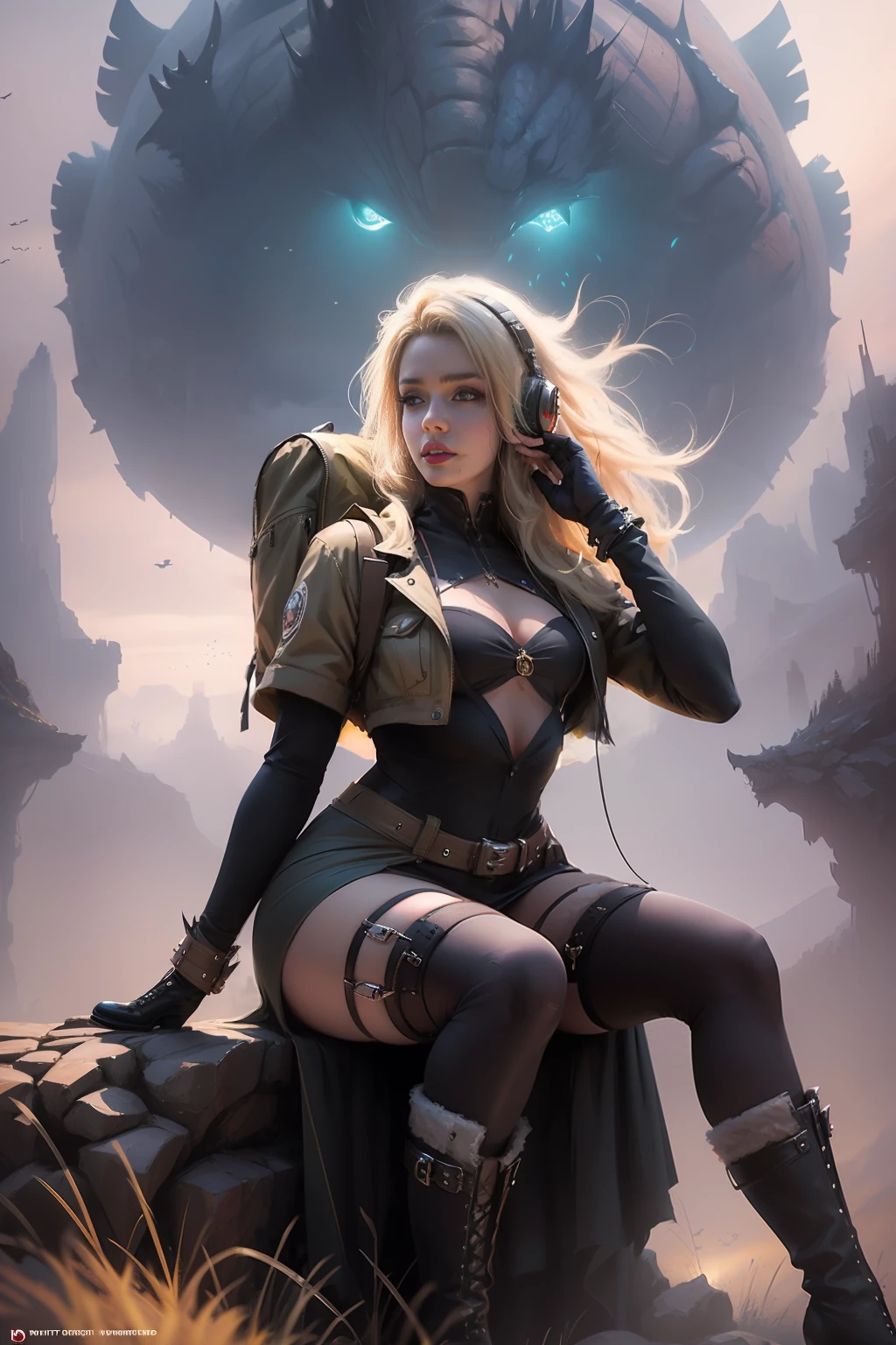 a highly detailed matte painting of a woman on a hill watching a giant monster, by makoto shinkai, by artgerm, by wlop, by greg rutkowski, fantasy scene, volumetric lighting, octane render, 4k resolution, trending on artstation, masterpiece, highly detailed, long blond hair, backpack, large headphones, pantyhose, high heeled boots, highly detailed skin, realistic skin details, red lips