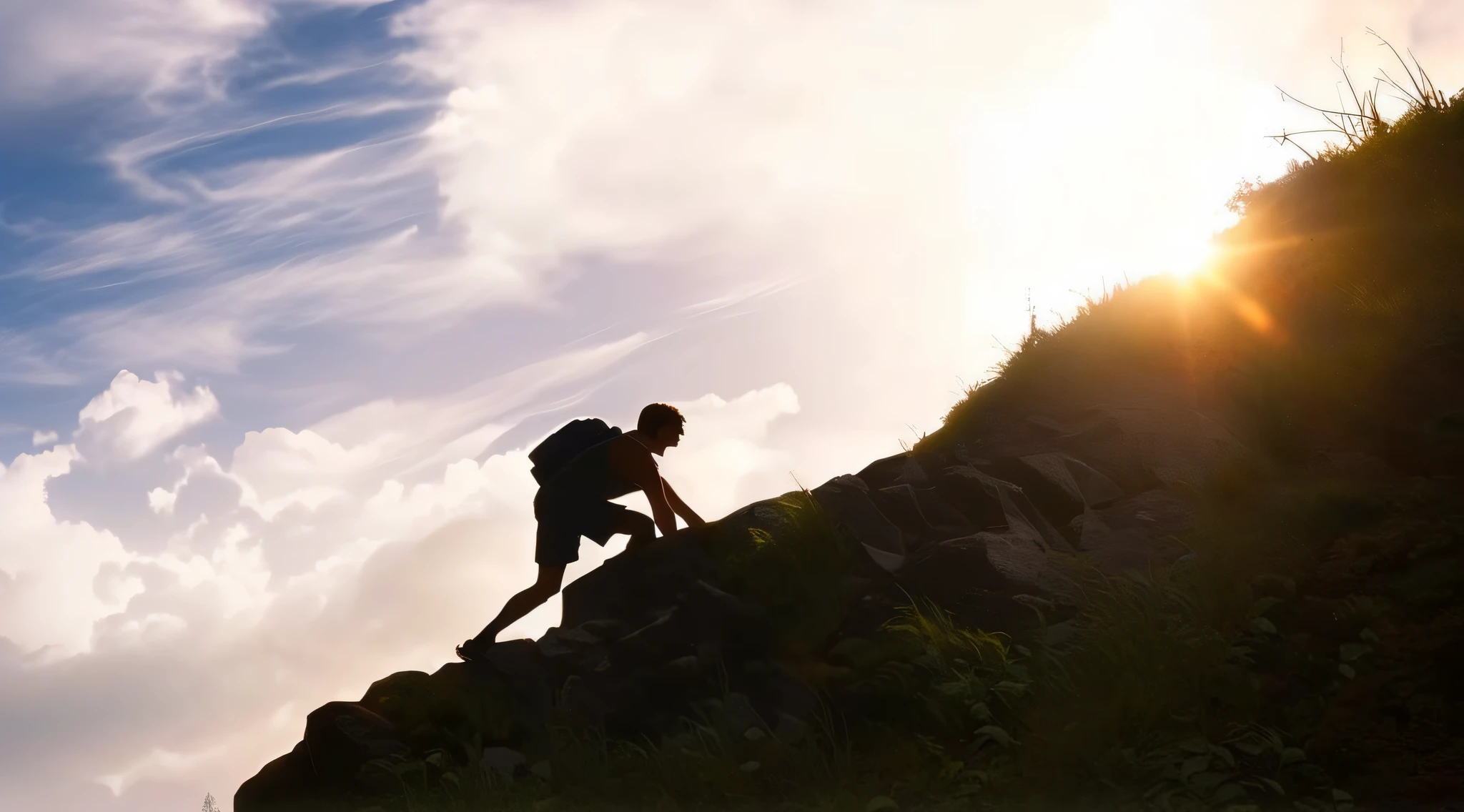 there is a man climbing up a hill on a sunny day, climbing up a cliffside, climbing, exploration, motivational, beginner, time to climb the mountain path, climber, climbing mountain in washington, wallpaper - 1 0 2 4, be running up that hill, standing on boulder, standing on a hill, during sunrise, on the top of a hill --auto