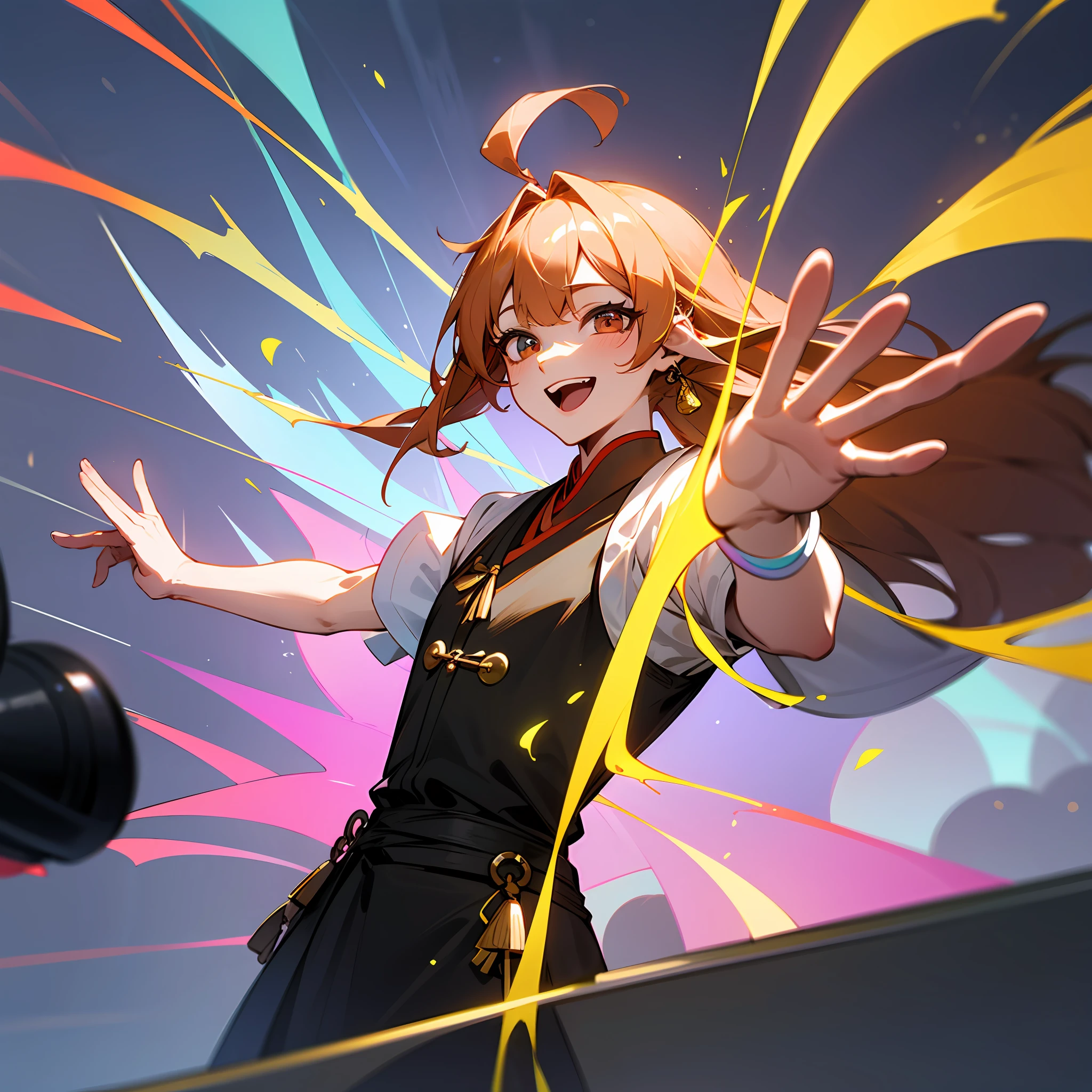 Draw Cheng Yixiao standing before an enthusiastic audience, ready to tell the story of the creation of the Kwai. He's holding a microphone in one hand while the other is outstretched, showing an animated gesture. Cheng's face is full of enthusiasm, his eyes sparkling and his smile infectious.

Around Cheng, you can add visual elements that represent the main landmarks of the Kwai's history. For example, you can include short video icons, people dancing, fun challenges, and global connections. This will help convey the message of how Kwai has become a successful platform, bringing people together from different parts of the world through creativity and fun.

In the background, you can draw a stage with the name "Kwai" in large, bright letters, representing the influence and popularity of the platform. Also, add keywords like "artistic expression," "active community," and "global impact" to summarize key aspects of the story Cheng told.

Be sure to capture Cheng Yixiao's infectious energy as he shares his story. Use vibrant colors and dynamic strokes to convey the enthusiasm and passion he has when talking about the Kwai and its success --auto