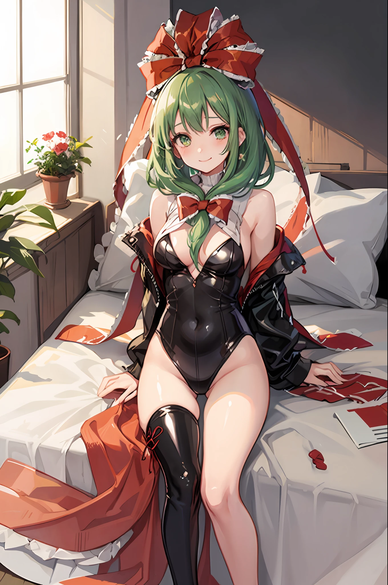 masterpiece, best quality,  1girl,kagiyama hina, green hair, green eyes, front ponytail, hair ribbon, arm ribbon, long hair, bow, hair bow, looking at viewer, heavy blush, embarassed, smile, red ribbon, frilled ribbon, red latex bodysuit, tight latex outfit, in bed, cleavage, boob window, laying down, upskirt shot, (kbxll:0.6)