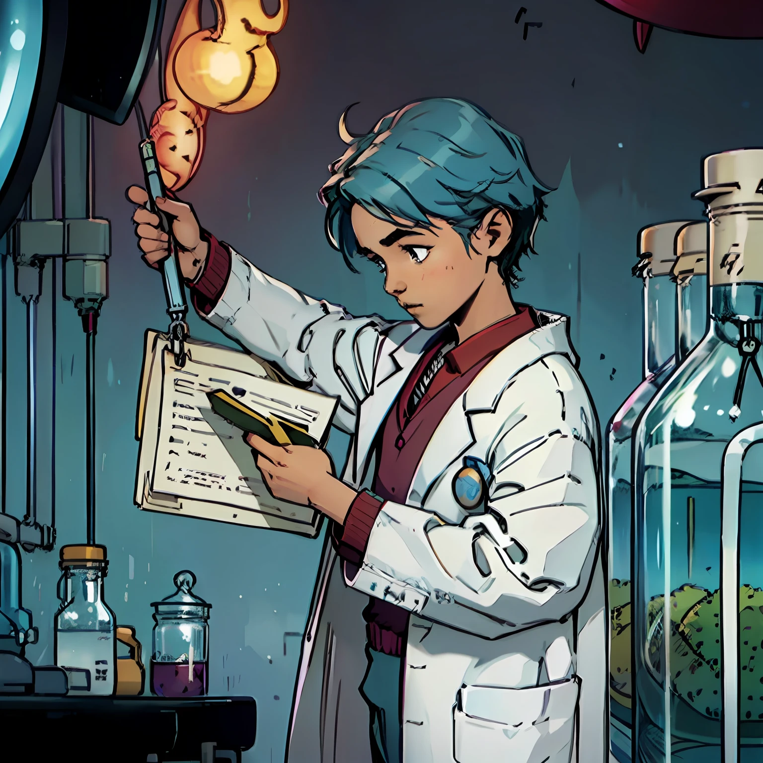 Create for me a Disney-style child, a scientist in a lab coat, with a clipboard in his hand --auto