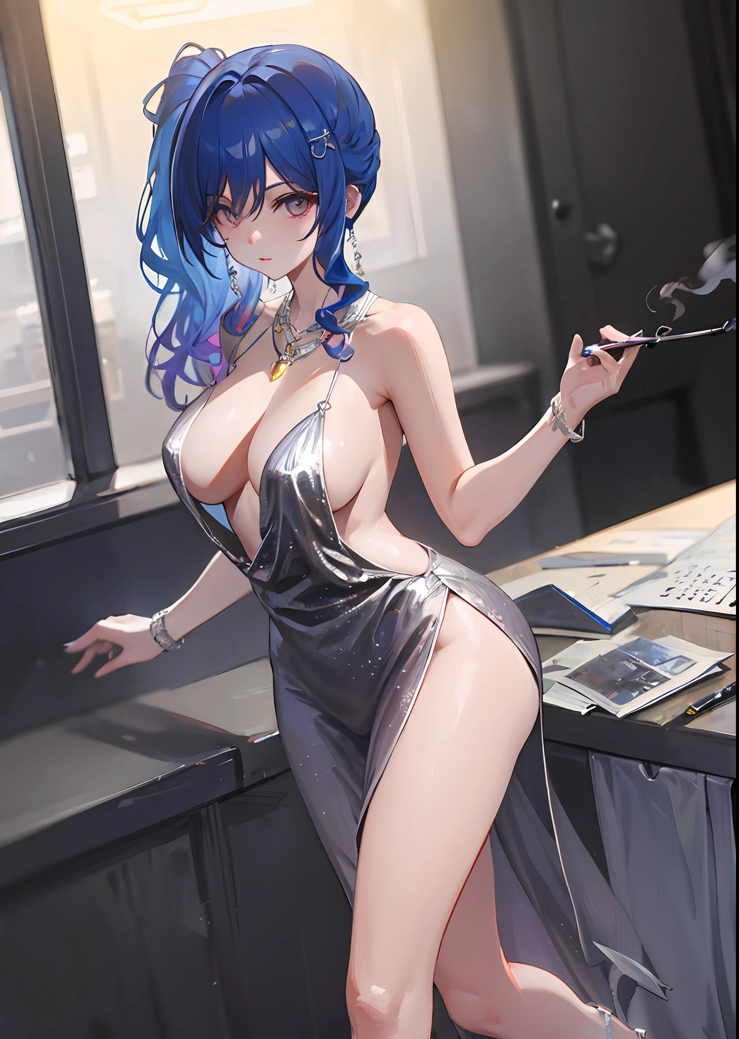 穿着超短裙和接缝丝袜的美丽性感秘书全身照片,stands_straight, ((solo)), adult, in the office, high heels, craves, strokes_herself