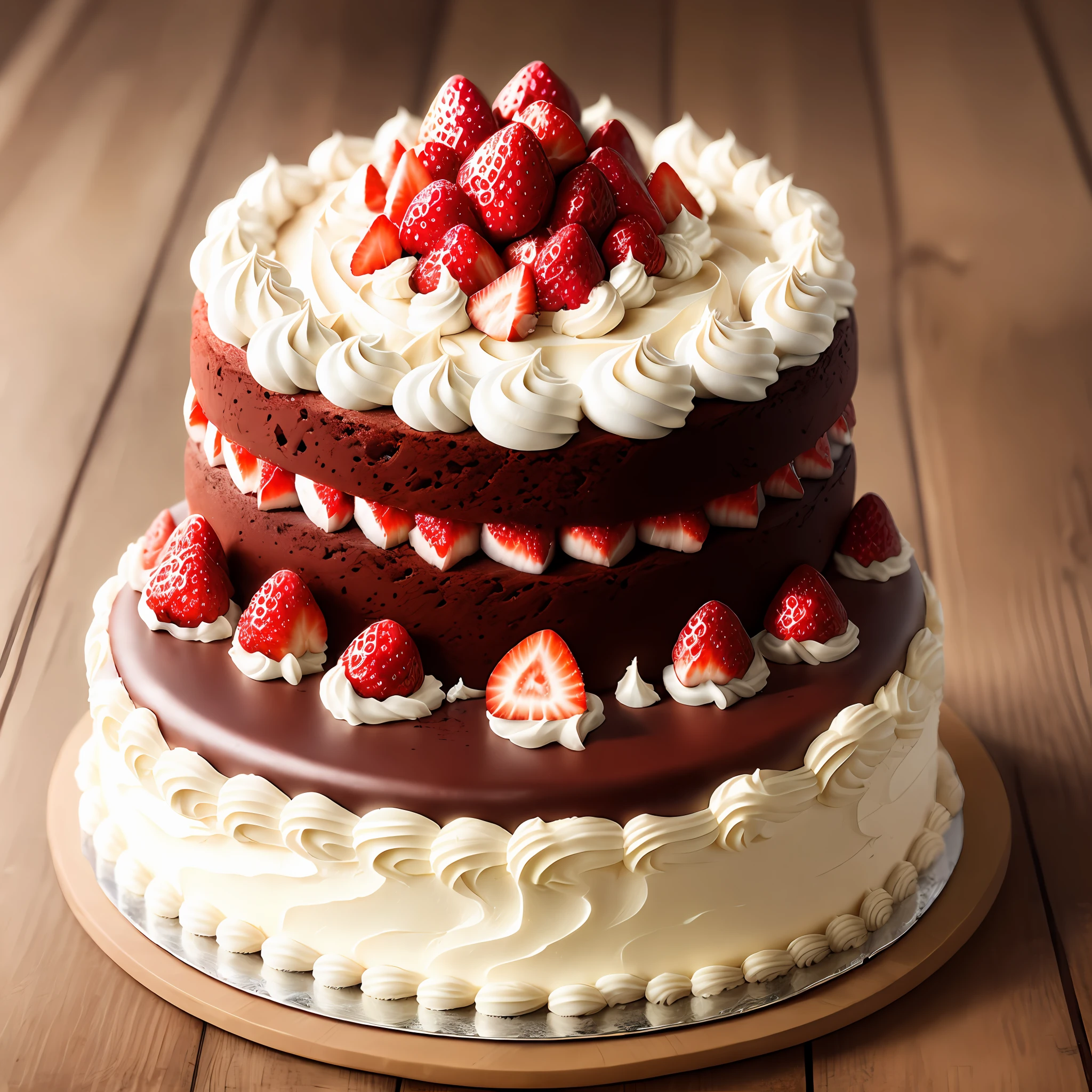 Strawberry cake on rustic background, lots of light, table