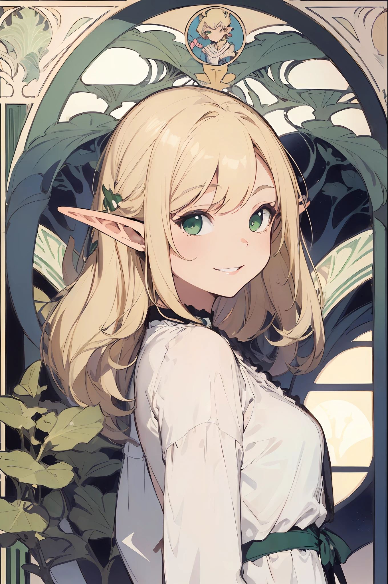 ((Elf Woman)), ((Glossy Blonde Long Straight)), ((White Blouse)), Green Eyes, Tilting Head, Smiling, ((Canting (with cheeks)), ((Art Nouveau background)), Upper Bod