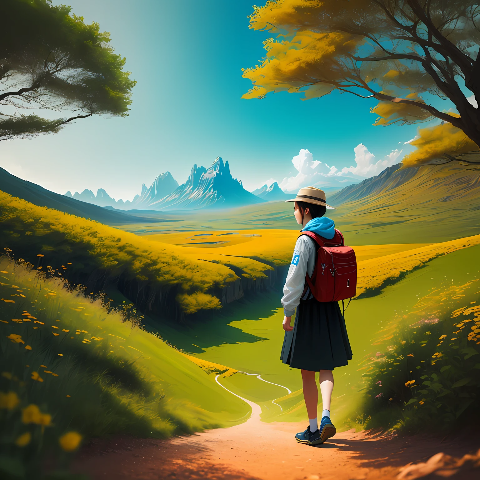 expansive landscape photograph , (a view from below that shows sky above and open field below), a girl standing on flower field looking up, bright sunny day (clouds:1.2), distant mountain, tree BREAK
production art, lot of purple and orange, intricate details, volumetric lighting, realism BREAK
(masterpiece:1.2), detailed shadows, (best quality), 4k, ultra-detailed, (dynamic composition:1.4), highly detailed, colorful details,( iridescent colors:1.2), (glowing lighting, atmospheric lighting), dreamy, magical, (solo:1.2) --auto