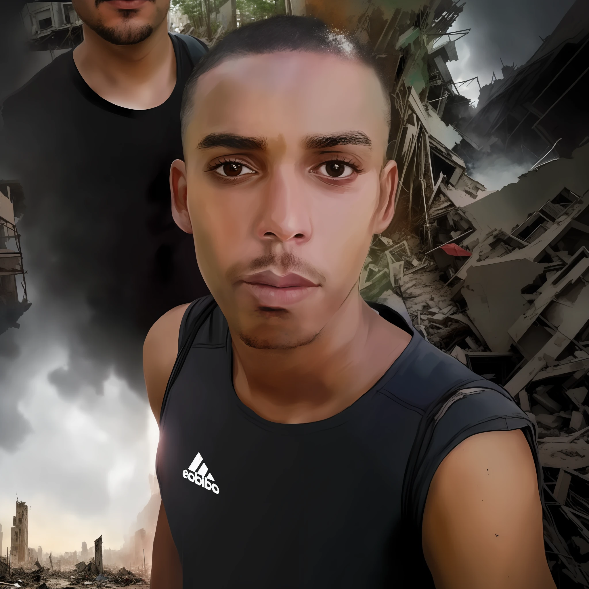 repaint the background, a destroyed city as if there had just been a battle, decimated city, with no person behind, apocalyptic scenery, destruction, realism, with selfie angle