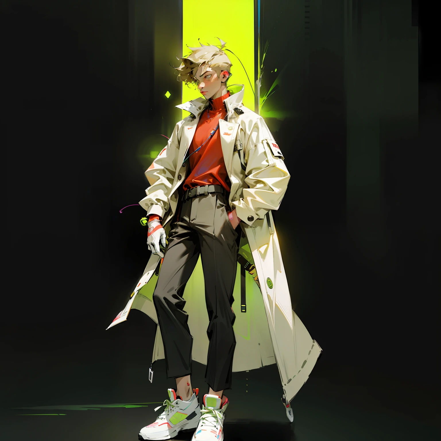 cartoon of a full body portrait of the character, unrealistic character concept, digital character illustration, man walking around with headphones and holding a cell phone, 17 year old boy, model, fashion, cyberpunk, hip hop, holographic headphone, cyberpunk cell phone, big sneakers, neon sneakers, white coat, red shirt, tailoring pants, green eyes, ((super short hair)), undercut hair, blonde, thin, tall