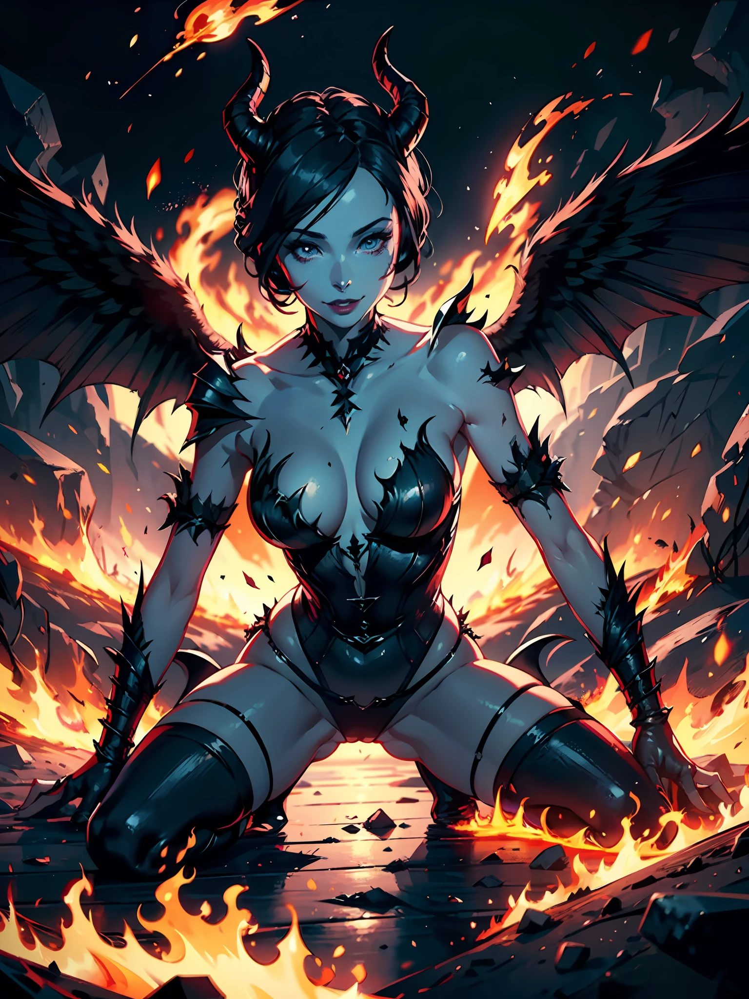 Beautiful woman, black hair, fallen angel on her knees, big black wings in the upper back, 8k, ultra realistic, apocalyptic landscape, very dark atmosphere, hell, lava, fire, maleficent, (cracked skin revealing the fire below)), evil smile, sparks