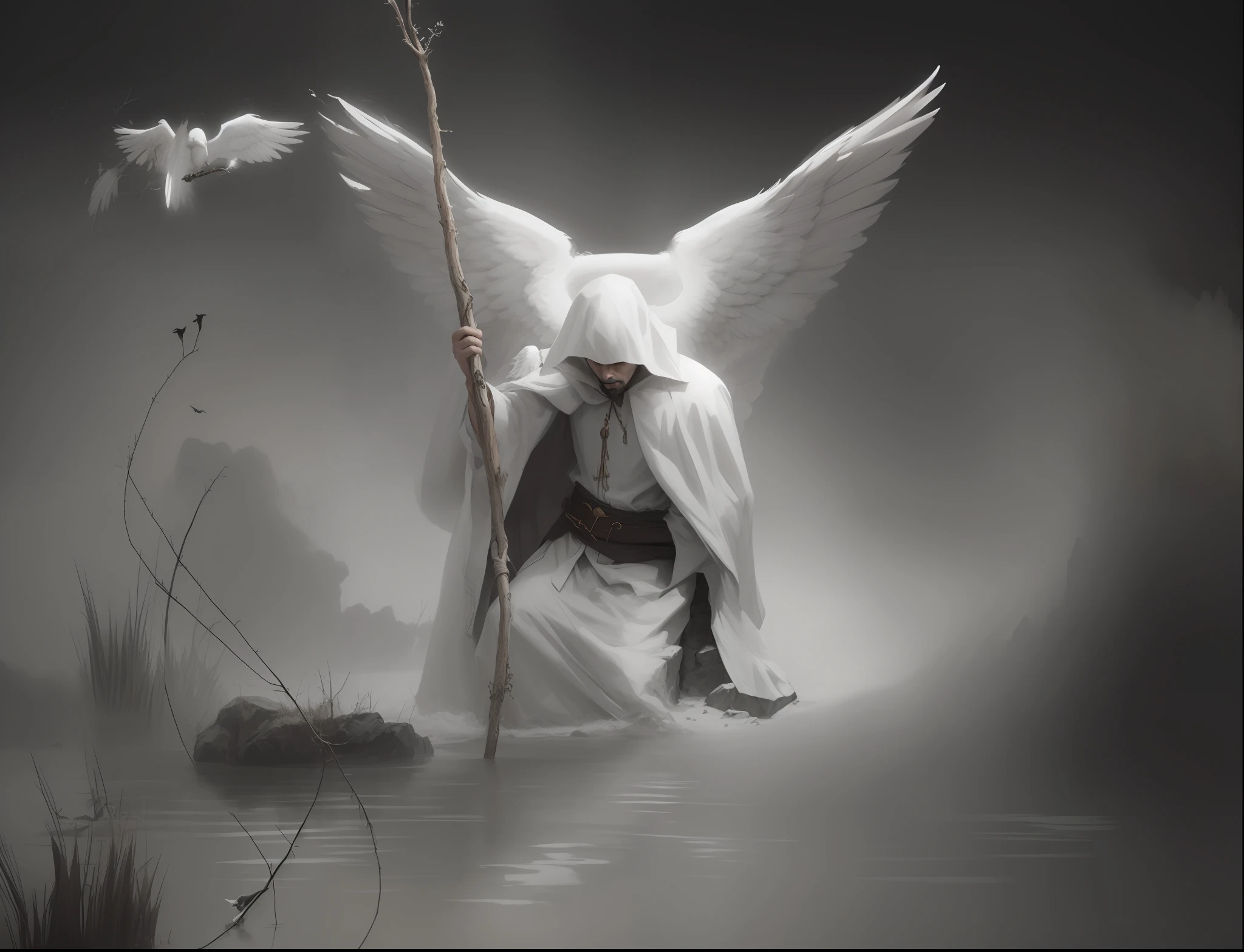 painting of a man with a white robe and a white robe holding a stick and a bird, guardian of the sacred lake, angel of death, angel of death, precise biblical angel, angelic, angelic, archangel, angel, angel spirit guide, angels are weeping, angel sitting on a rock, an angel, angel of the old testament,  cute angel, an angel, cinematic filmed epic portraits, highly detailed VFX portrait, 4K color photography portrait, 8K artistic portrait photography, 4K asymmetric portrait, highly detailed VFX portrait, 4K portrait, 8K soft portrait shot, cinematic realistic portrait, 4K symmetrical portrait, 4K symmetrical portrait