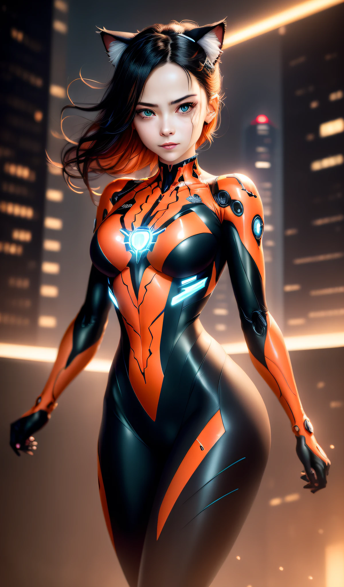 Beautiful full body photo of Reika as a Nekomata kitten, orange body suit, straight black hair, cat ears, science fiction, background with robot, gantz, In the style of evangelion, ultra realistic photo face of a beautiful woman, masterpiece, best quality, CG, wallpaper, HDR, high quality, high definition, extremely detailed, {beautiful detailed face},  {beautiful detailed eyes}, (detailed light) {{intricate detail}}, {highres}, ((detailed face)), extremely detailed face, beautiful face, {{ young}}, jewel-like eyes, neon light, chiaroscuro, anime style, key look, intricate detail, highly detailed, breathtaking, vibrant, Evangelion style