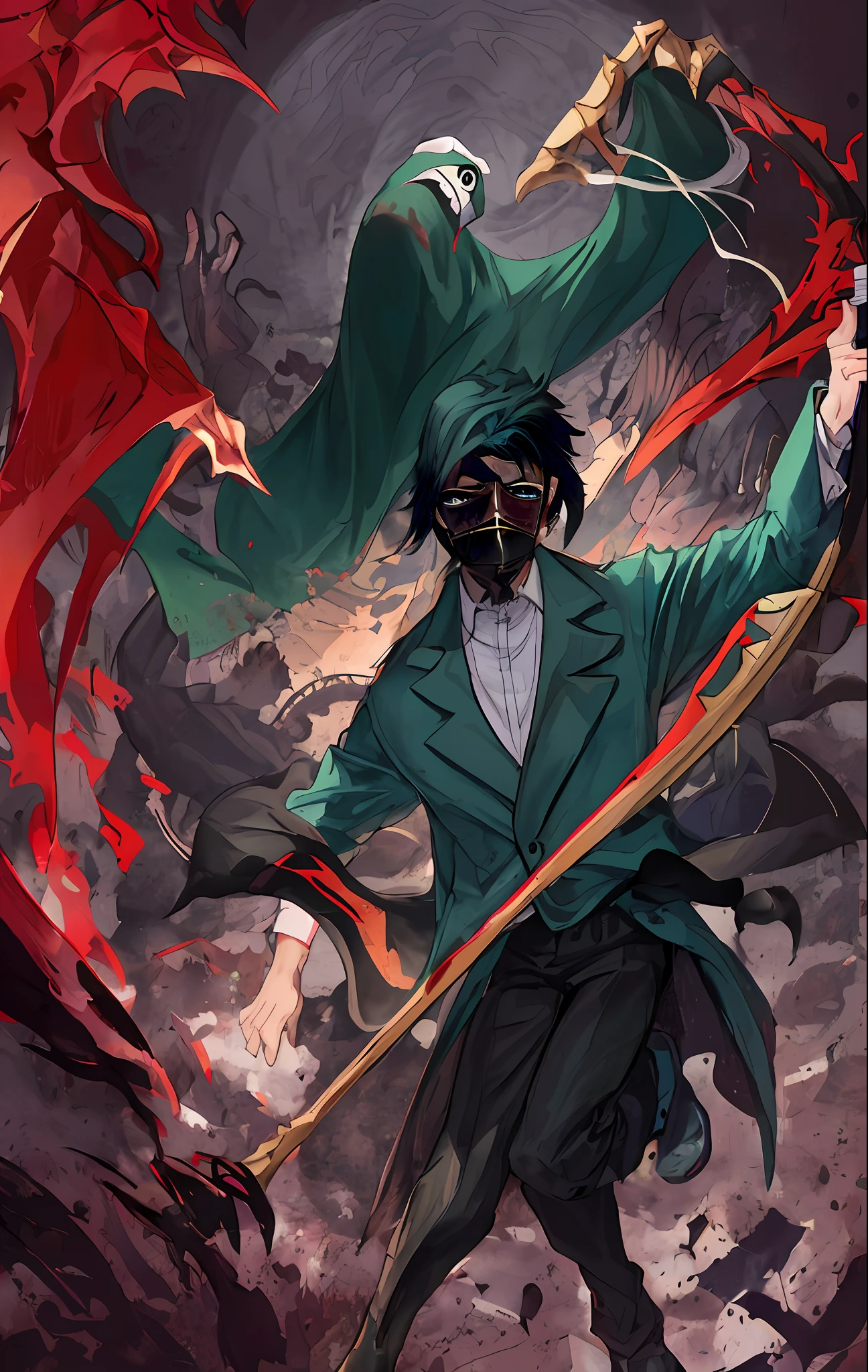 (Izuku Midoriya as The Grim Reaper in the clothes of the plague doctor wielding a scythe in a cemetery under the crimson moonlight)."