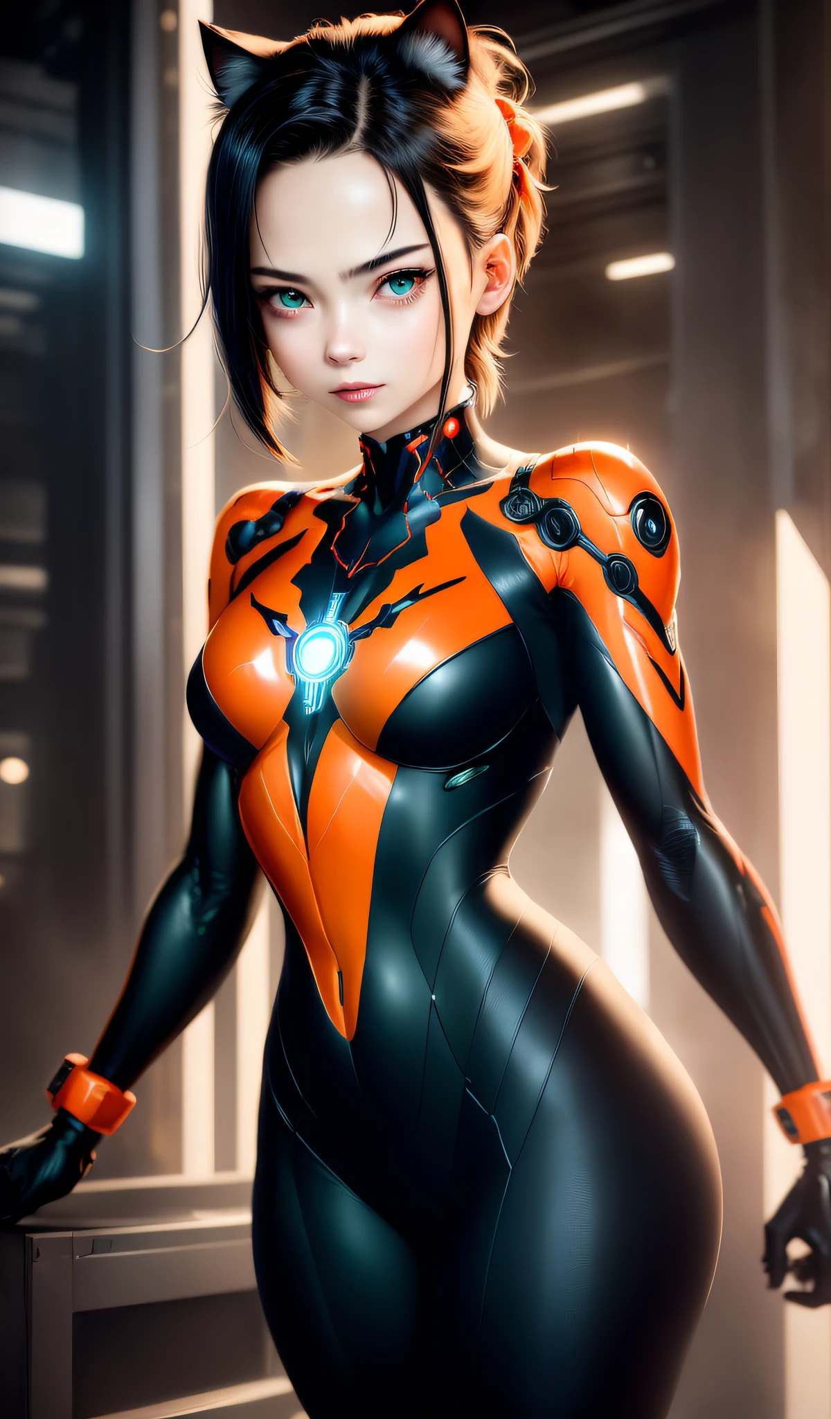 Beautiful full body photo of Reika as a Nekomata kitten, orange body suit, straight black hair, cat ears, science fiction, background with robot, gantz, In the style of evangelion, ultra realistic photo face of a beautiful woman, masterpiece, best quality, CG, wallpaper, HDR, high quality, high definition, extremely detailed, {beautiful detailed face},  {beautiful detailed eyes}, (detailed light) {{intricate detail}}, {highres}, ((detailed face)), extremely detailed face, beautiful face, {{ young}}, jewel-like eyes, neon light, chiaroscuro, anime style, key look, intricate detail, highly detailed, breathtaking, vibrant, Evangelion style