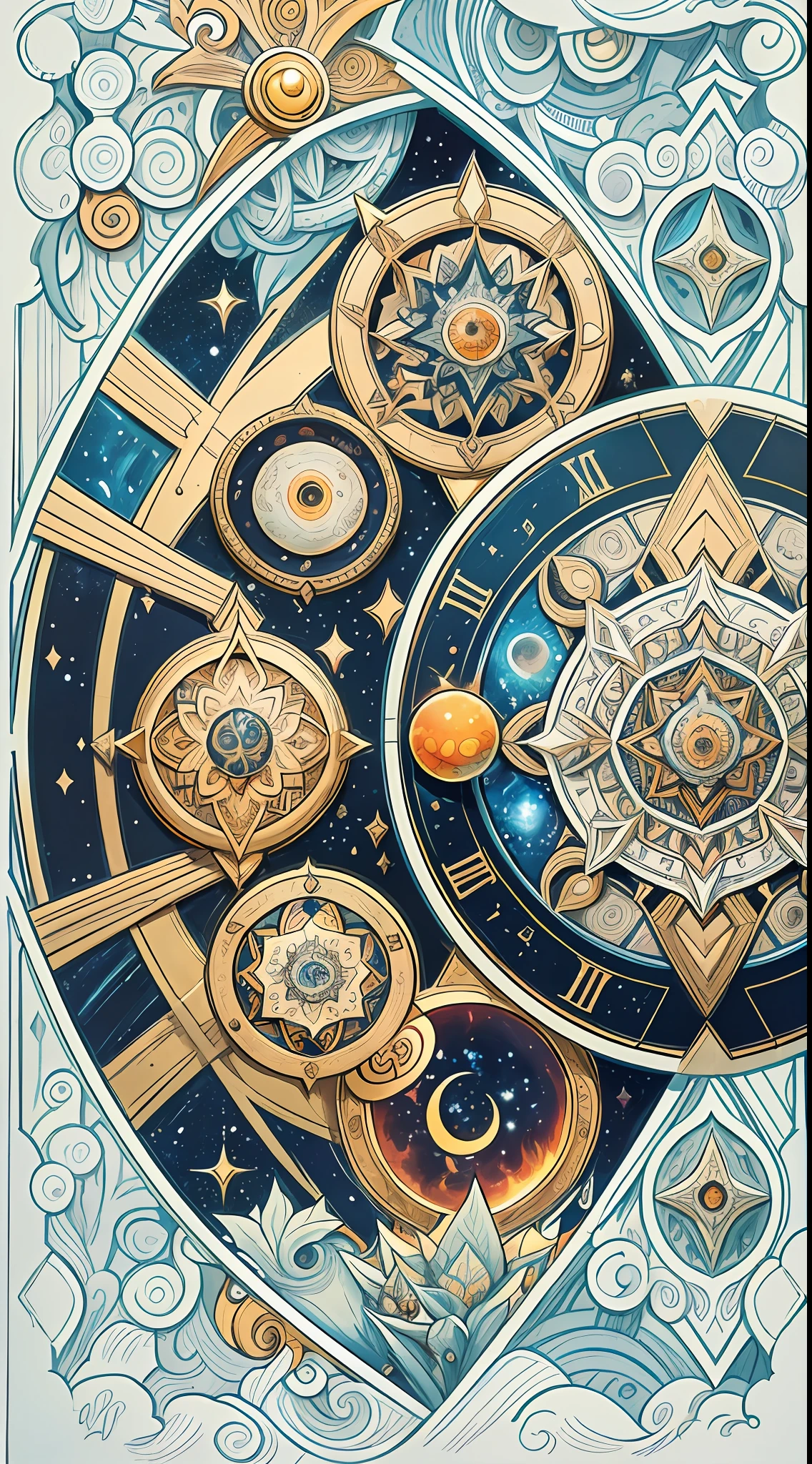 official art, 8k unit wallpaper, ultra detailed, beautiful and aesthetic, high quality, beautiful, masterpiece, best quality (zentangle, mandala, tangled, tangled: 0.6), symmetrical, symmetrical, mandala with the symbol of the 12 signs of the zodiac (zodiac symbol:1.0), symbolization of the planets and orbits, Sun in the center. symmetric fibonaccci. Supplementary color: white, blue, orange, silver, golden,