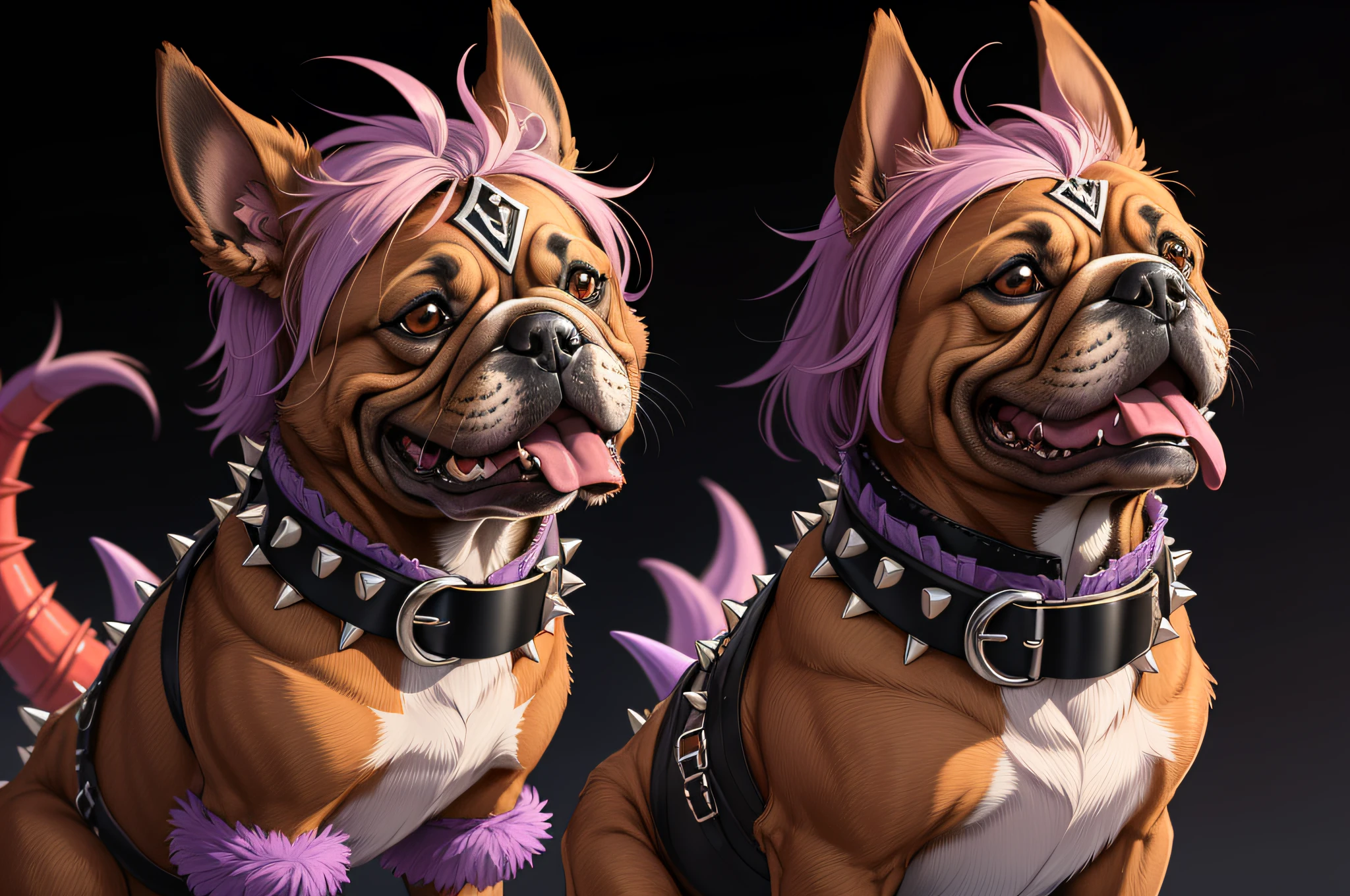 Kobold Bulldog, (monster girl), adult, Violet bobcut hairstyle, purple-pink flat, curved ears, oversized bulldog fangs, Rocker Chic Style outfit, black spiked collar, black wrist bands, masterpiece, best quality