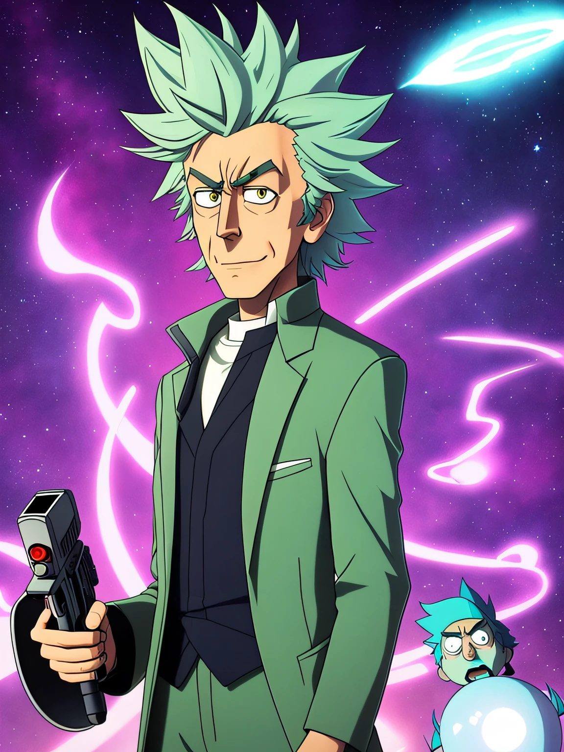 An ultra detailed portrait of Rick and Morty's Rick Sanches, color digital painting, highly detailed, digital painting, art station, intricate, sharp focus, warm lighting, eye-catching, high quality, masterpiece, award-winning art, art by Yoshitaka Amano and Brian Froud, trend in artstation, trend in deviantart, Anime Key Visual, anime coloring, (anime screenshot:  1.2), (Graphic Novel), (anime style: 1.3), trending in CGSociety
