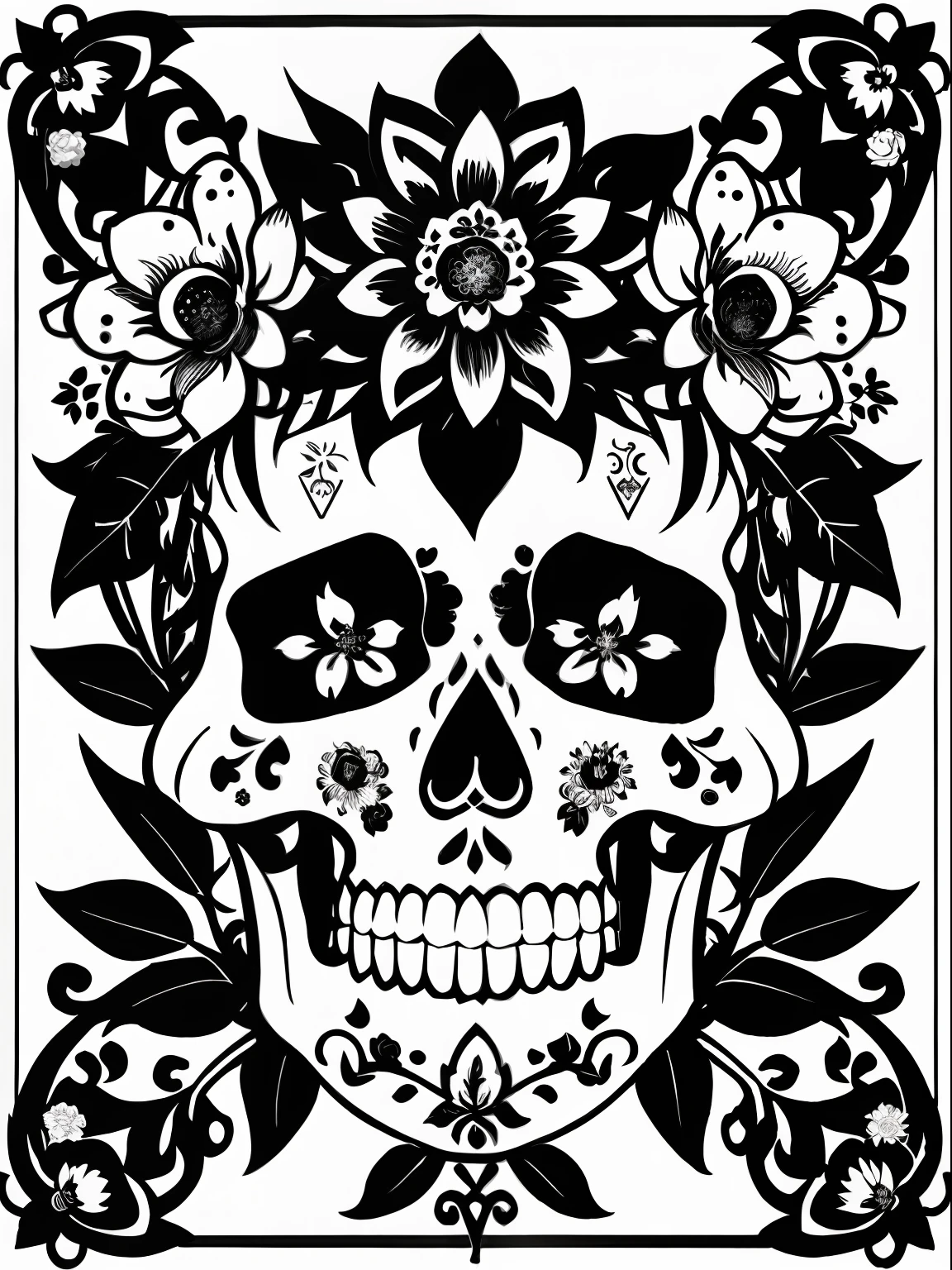 (Best quality), (masterpiece), (ultra detailed), (high detail), (extremely detailed), decorated sugar skull + black and white ink + detailed texture + magic + symmetrical + symmetry + bouquet of flowers + flowers + vines + detailed ink illustration + rebirth symbols + tarot card with ornate border frame + dark atmosphere + flowers + white, black and white background, coloring page, vector, black and white, 32k