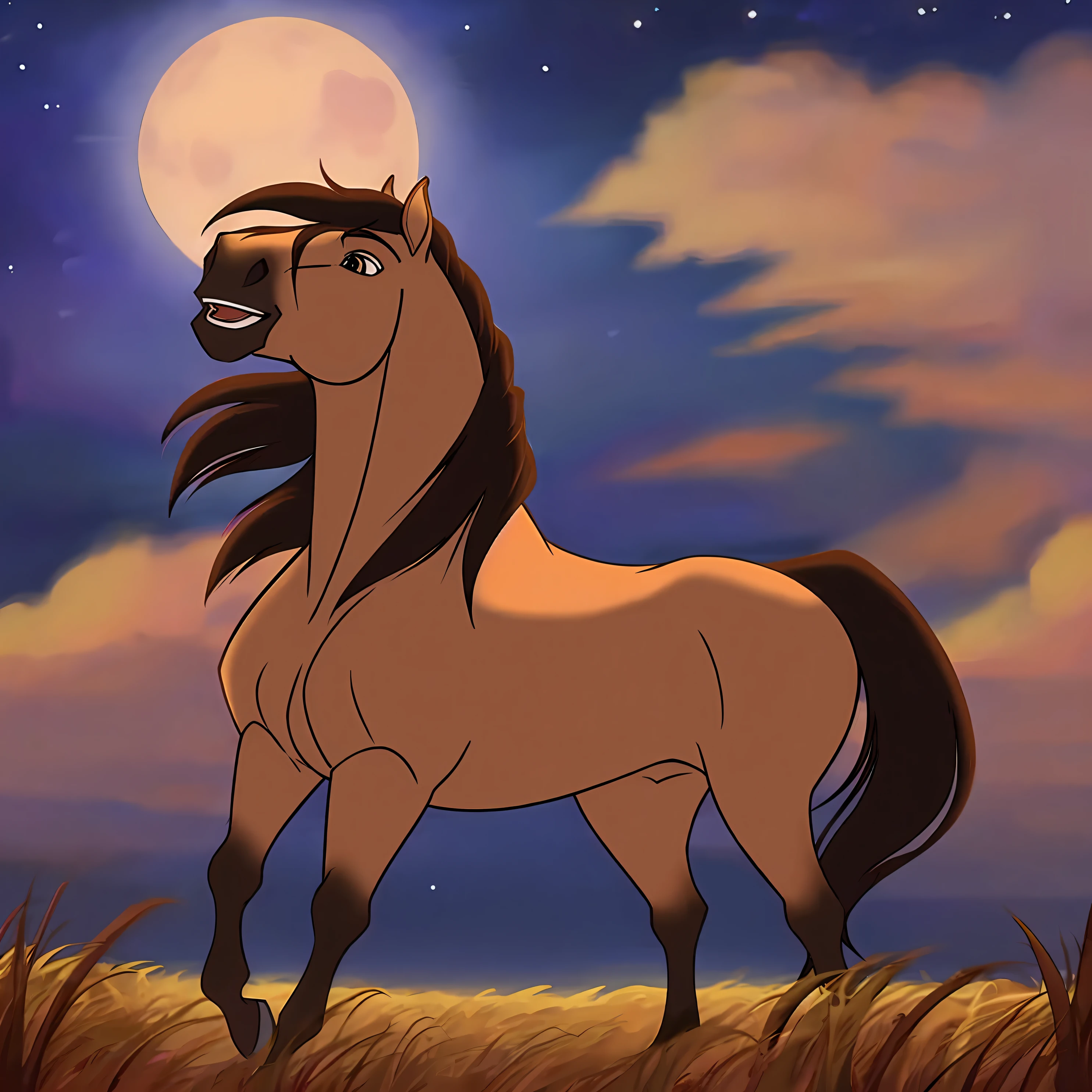 Spirit2002, a horse galloping through a field at night, a bright sky, dark clouds, stars, a big moon, moonlight, a beautiful horse, a long mane, one head, four legs, an anatomically correct horse