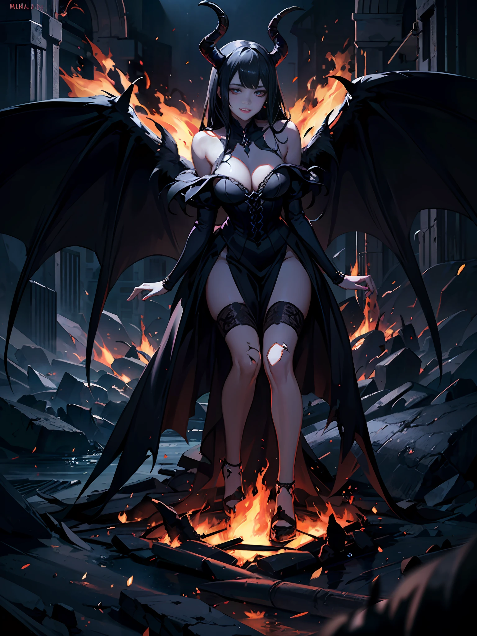 Beautiful woman, black hair, fallen angel on her knees, big black wings in the upper back, 8k, ultra realistic, apocalyptic landscape, very dark atmosphere, hell, lava, fire, maleficent, (cracked skin revealing the fire below)), evil smile, sparks