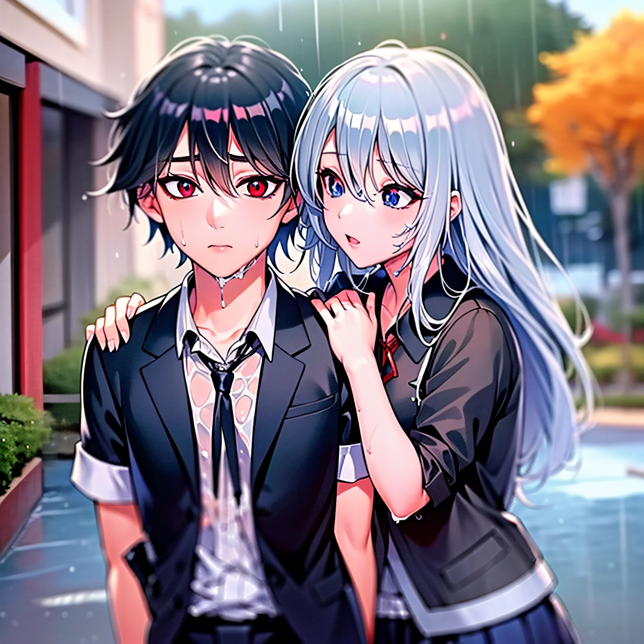 (masterpiece), (best quality), highres, ((((1girl she has gray hair with blue eyes and 1boy he has short black hair with red eyes who are classmates))))), ((((They have different hair colors and eyes do not confuse)))), (draws Kei and kiyotaka ayanokoji looking at each other), (2schoolmates who are Kei and kiyotaka ayanokoji looking at each other),  (kei1), (1girl), solo, ((((she has blue eyes)))), (she has long hair), (she wears a school uniform), (she has ribbon), (she has bangs), collarbone, she has gray hair, she has black hair band, she has neck ribbon, hair between her eyes, she has medium breasts, cowboy shot, she is looking seriously at kiyotaka ayanokoji,  anatomically correct whole body, is standing in the street with rain falling, this with a sad and worried face, full stubborn detached, (1boy), (kiyotaka ayanokoji), 15 year old, school uniform white shirt black jacket open jacket red tie long black pants sitting, (((((he has red eyes))))), ((he has short black hair)), whole body anatomically correct, he has a necklace of jesus around his neck,  normal legs, wears black shoes, (he's looking at Kei1 or the girl), ((he's in front of kei wanting to give her his black jacket so she doesn't get wet so much)) , is facing Kei, (emotional scene), (mysterious), (detailed full escenario), (((((They're soaking with a lot of passion and hugging))))), ((((They're being wet by the rain along with their clothes)))),  ((Their bodies are anatomically correct and detailed without error))
