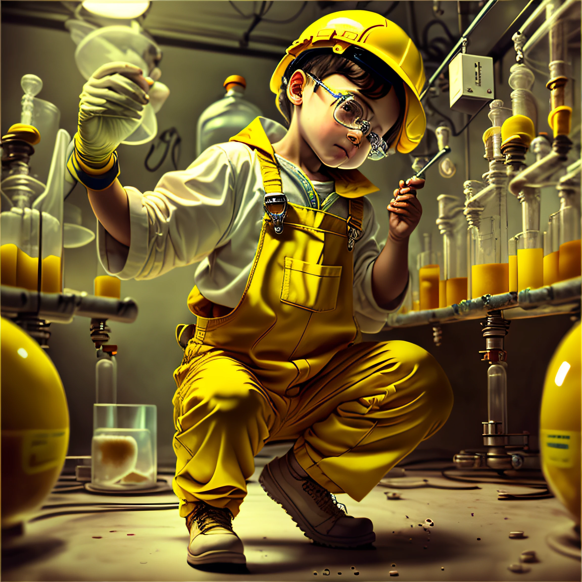Wearing a yellow overalls, wearing a yellow hard hat, in a modern laboratory, sweating, cute little latin boy, full body, portrait