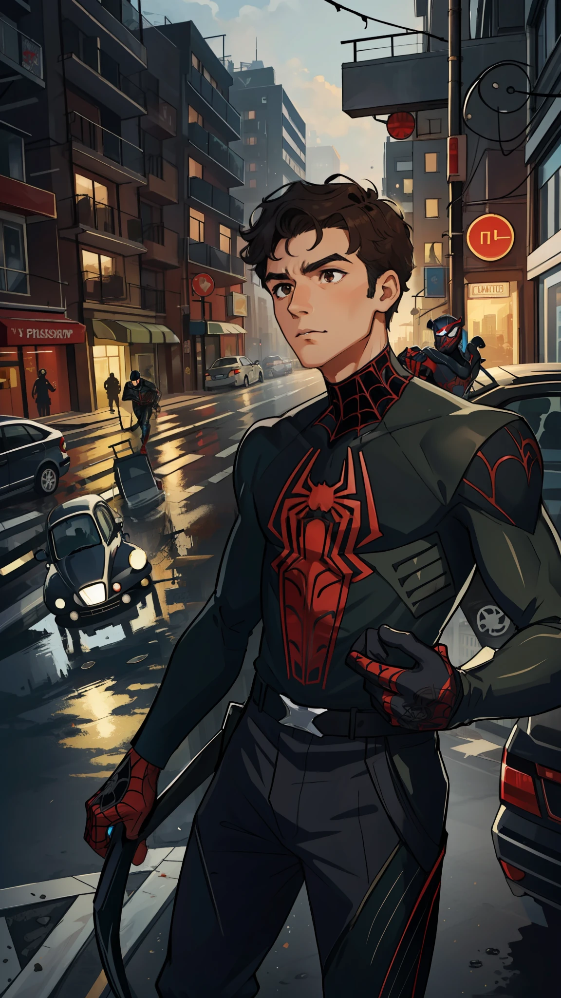 (masterpiece, best quality), intricate details, 8k, artstation, wallpaper, official art, splash art, sharp focus,
1boy, curly, short hair, brown eyes,
 spider suit, spider web printing, spider web, no mask, dark hair, olive green and black spider man, 07
skyscrapers, city, buildings, cars, street,